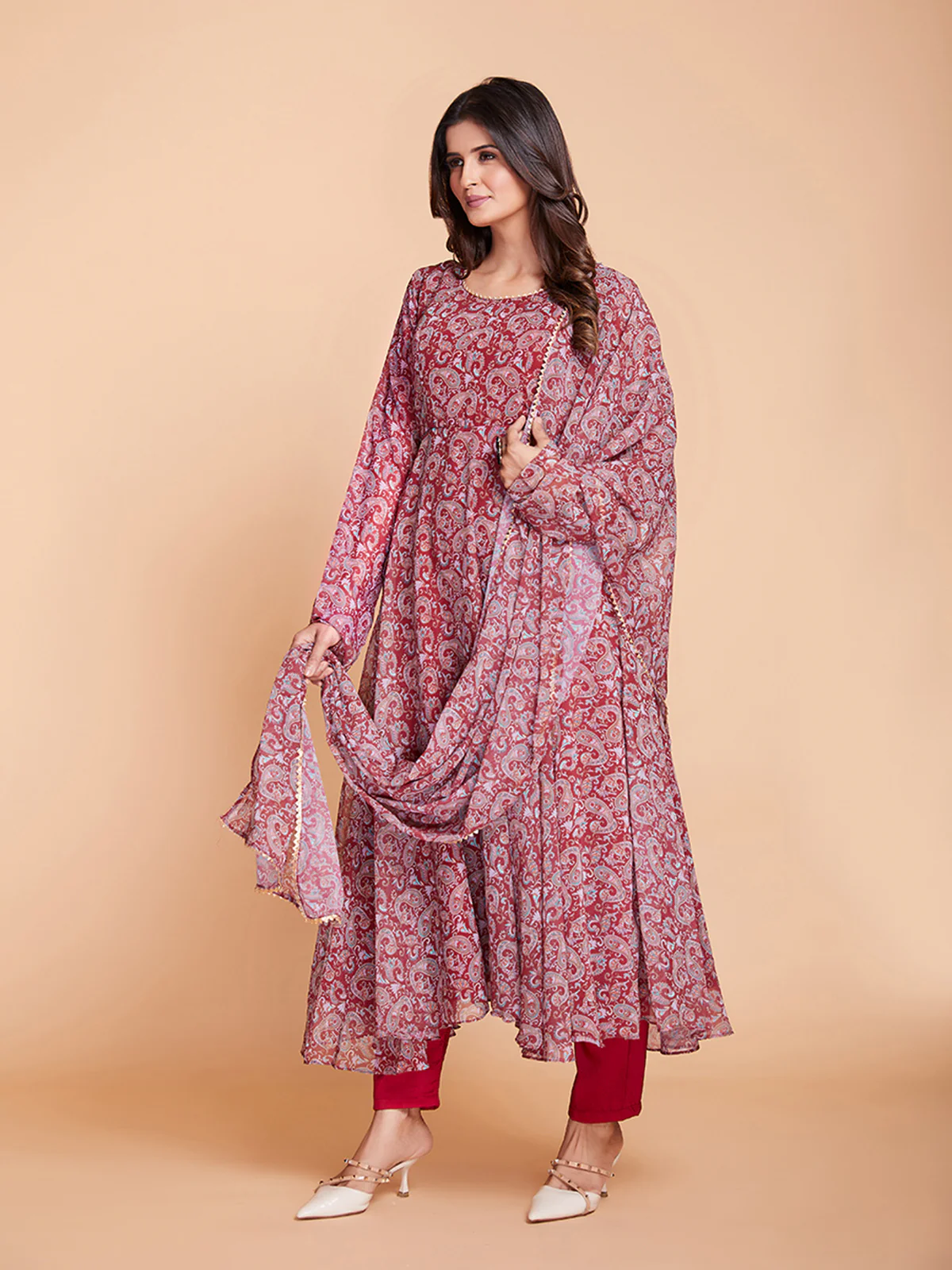 Odette Women Maroon Faux Georgette Printed Stitched Kurta Set - Image 2