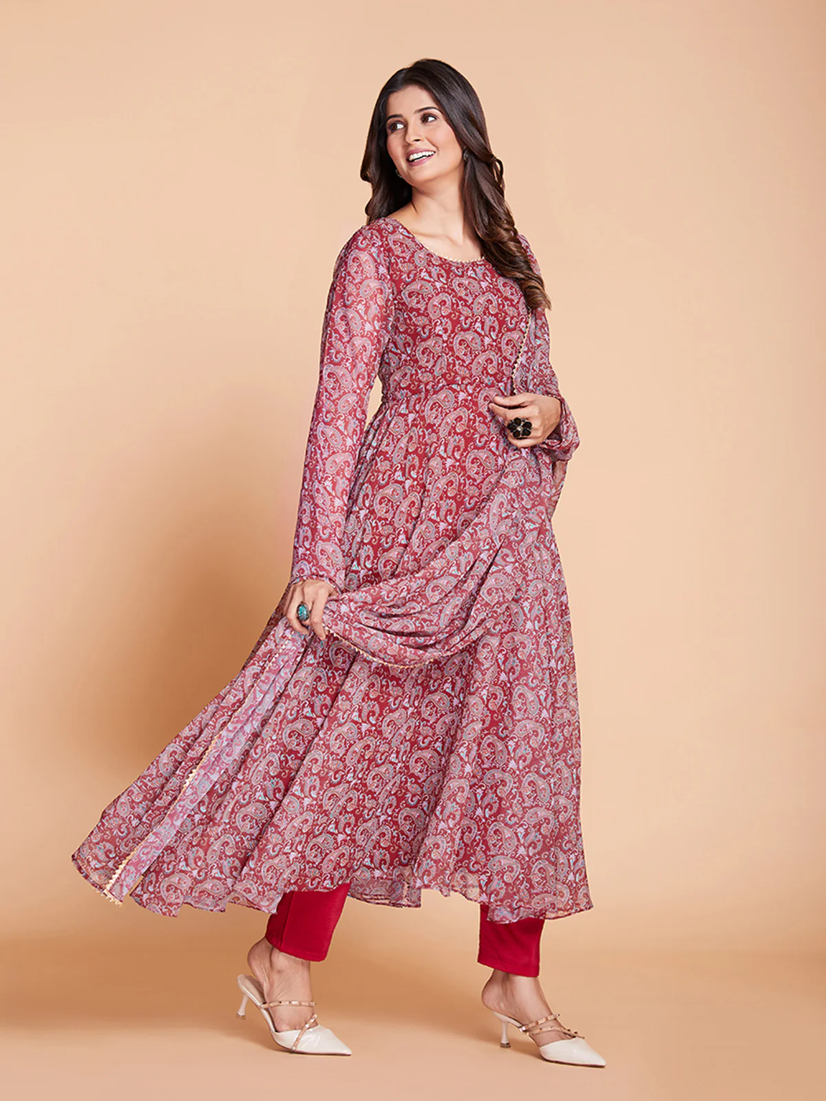 Odette Women Maroon Faux Georgette Printed Stitched Kurta Set - Image 3