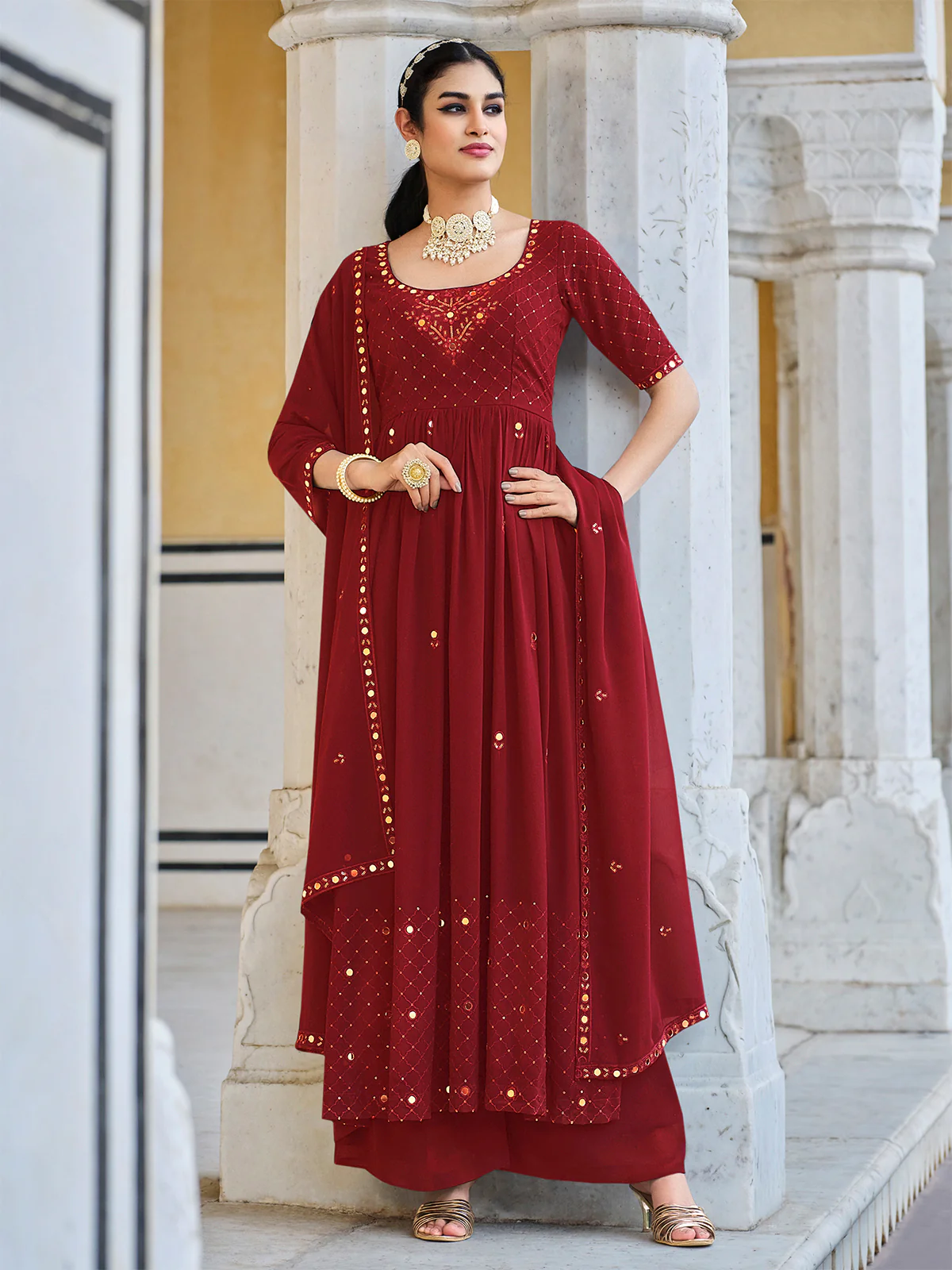 Odette Women Maroon Georgette Embroidered Semi Stitched Salwar Suit