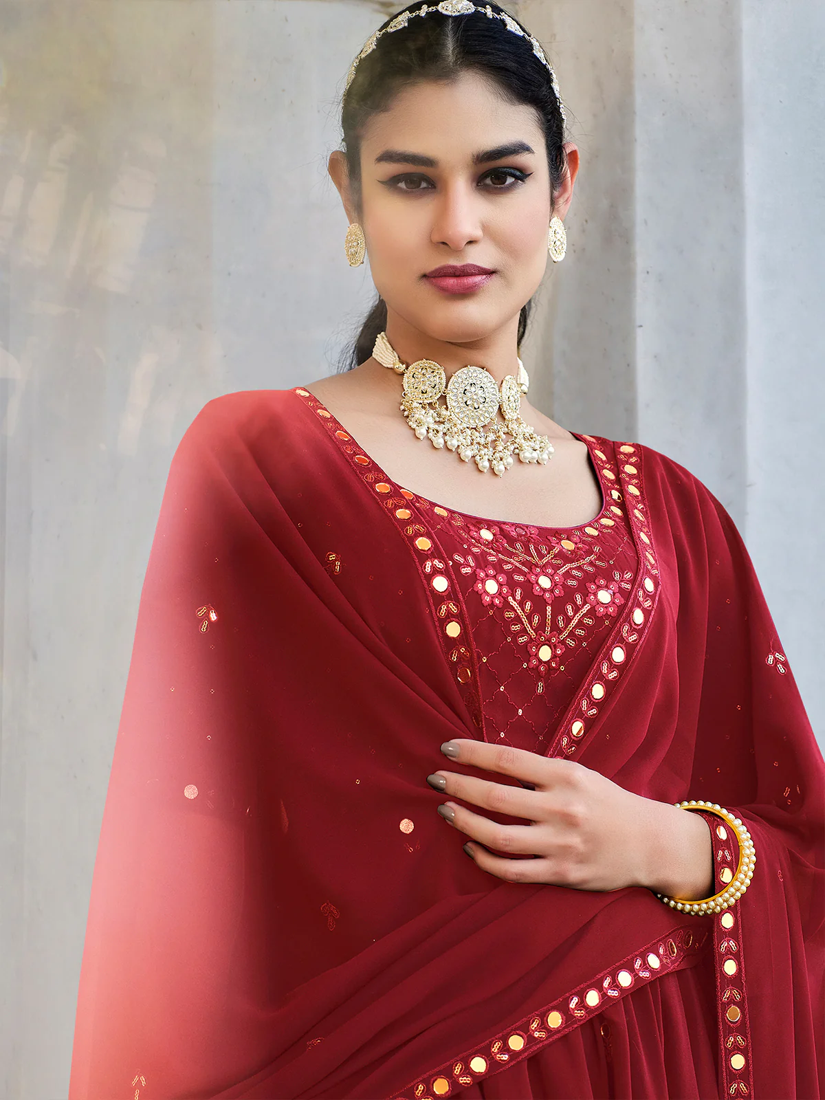 Odette Women Maroon Georgette Embroidered Semi Stitched Salwar Suit - Image 3