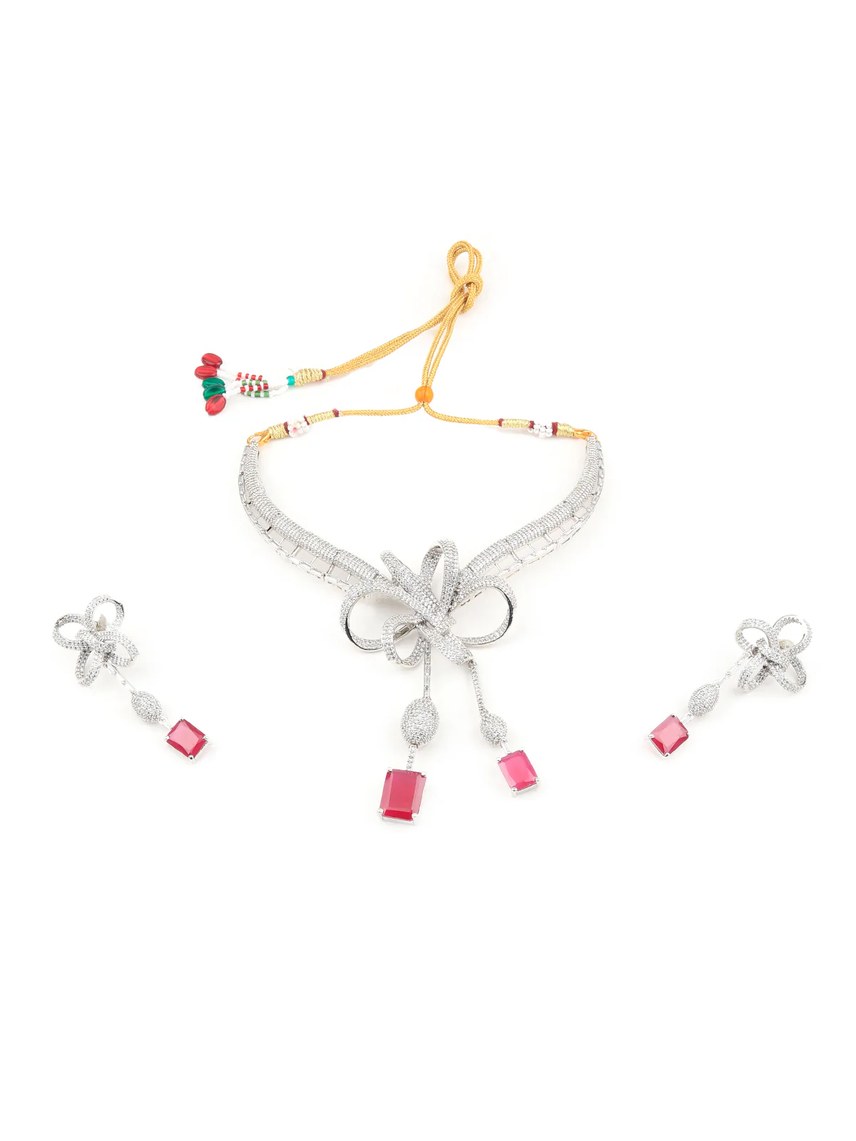 Odette Women Maroon German Rhodium Choker Neckpiece Set - Image 3