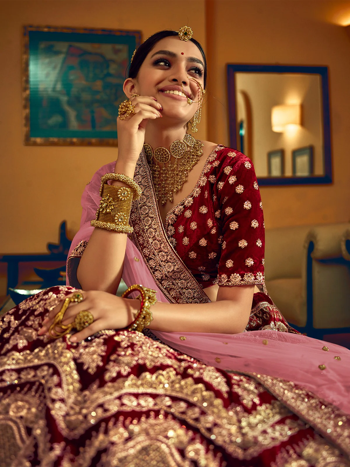 Odette Women Maroon Velvet Semi Stitched Lehenga With  Unstitched Blouse - Image 5