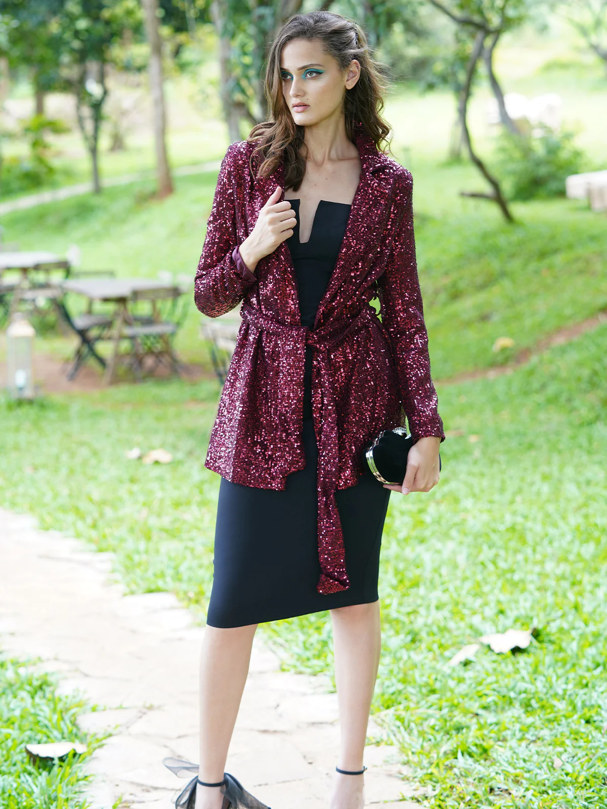 Odette Women Maroon Polyester With Sequins Stitched Blazer - Image 3