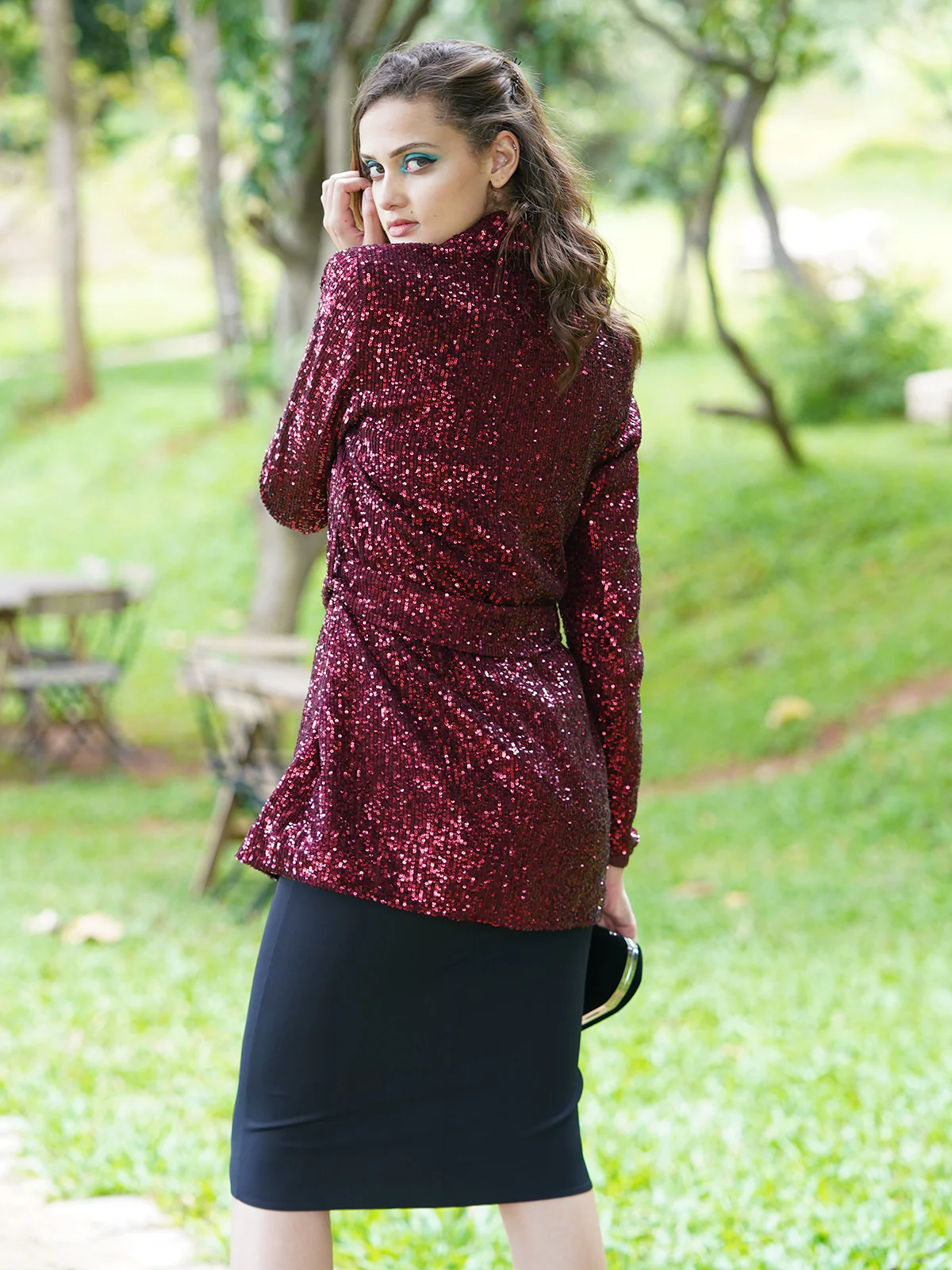 Odette Women Maroon Polyester With Sequins Stitched Blazer - Image 4
