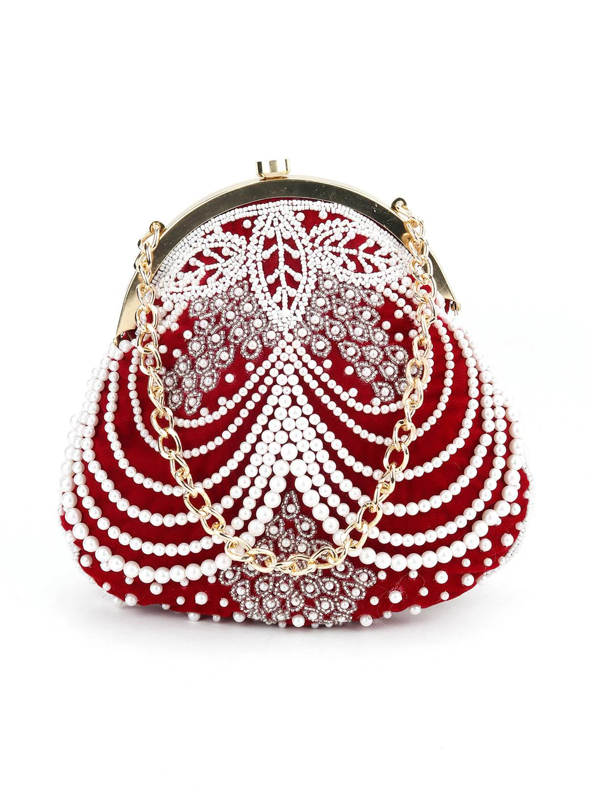 Odette Women Maroon Pearl Embellished Batuwa - Image 3