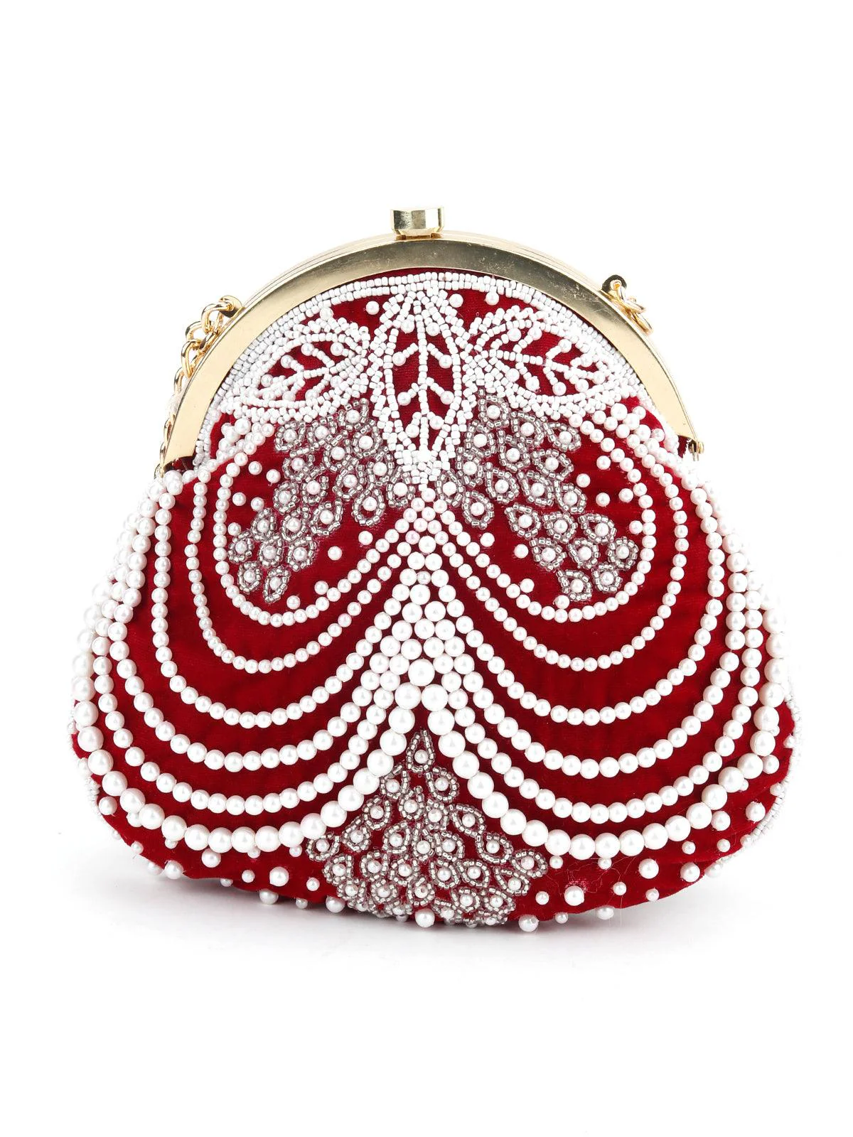 Odette Women Maroon Pearl Embellished Batuwa - Image 5