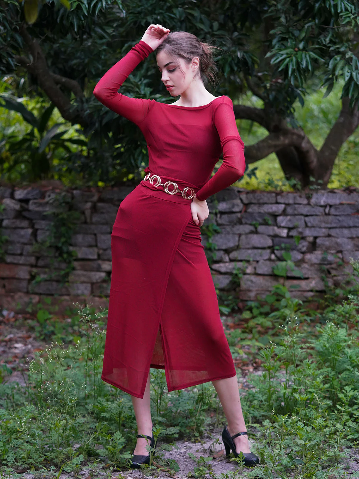 Odette Women Maroon Polyester Gauze And Lycra Belted Dress - Image 2