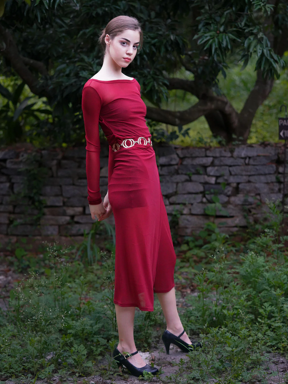 Odette Women Maroon Polyester Gauze And Lycra Belted Dress - Image 3