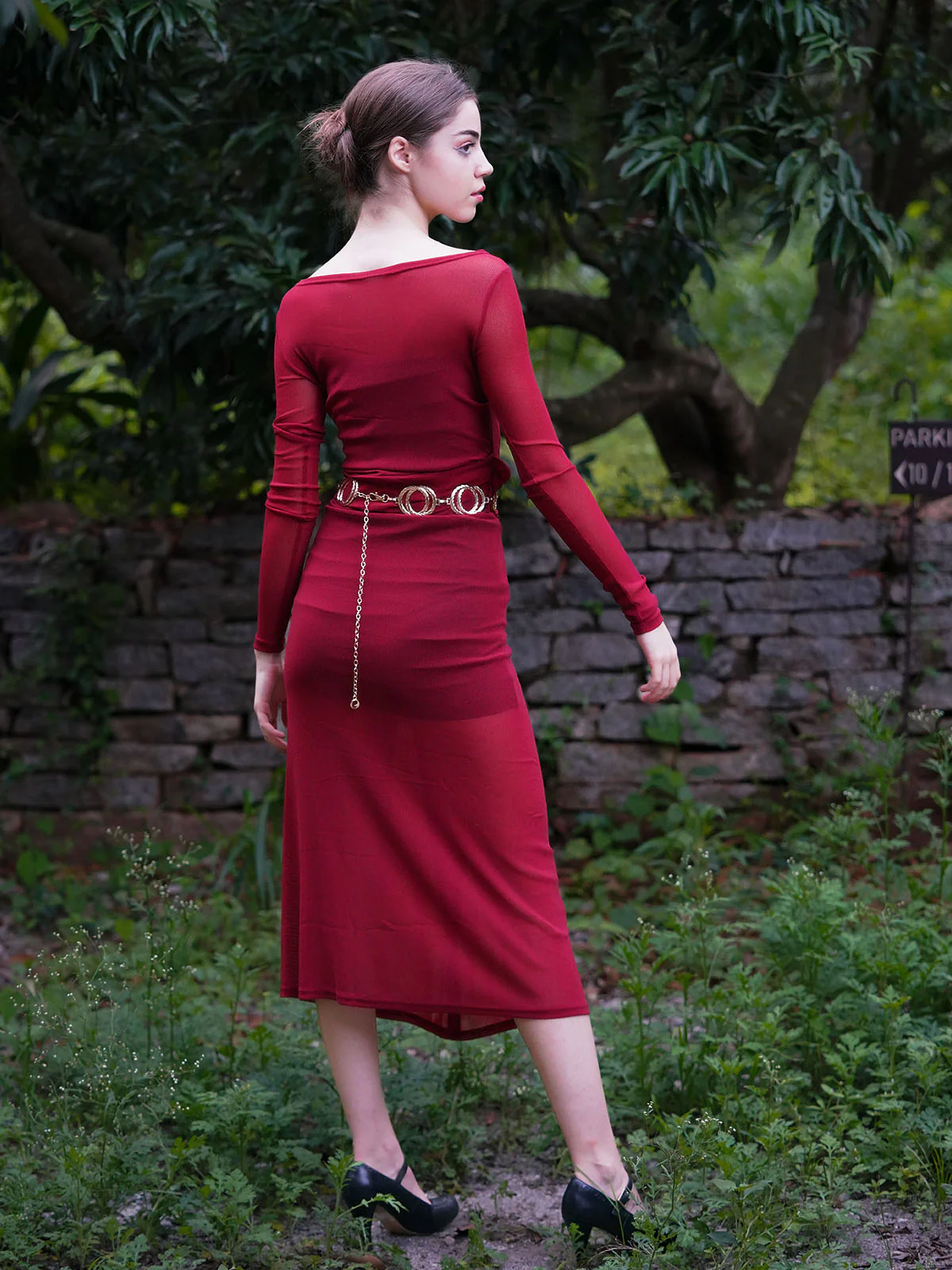 Odette Women Maroon Polyester Gauze And Lycra Belted Dress - Image 4