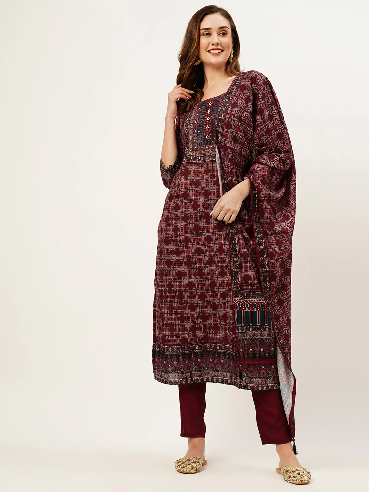 Odette Women Maroon Printed Linen Stitched Kurta Set