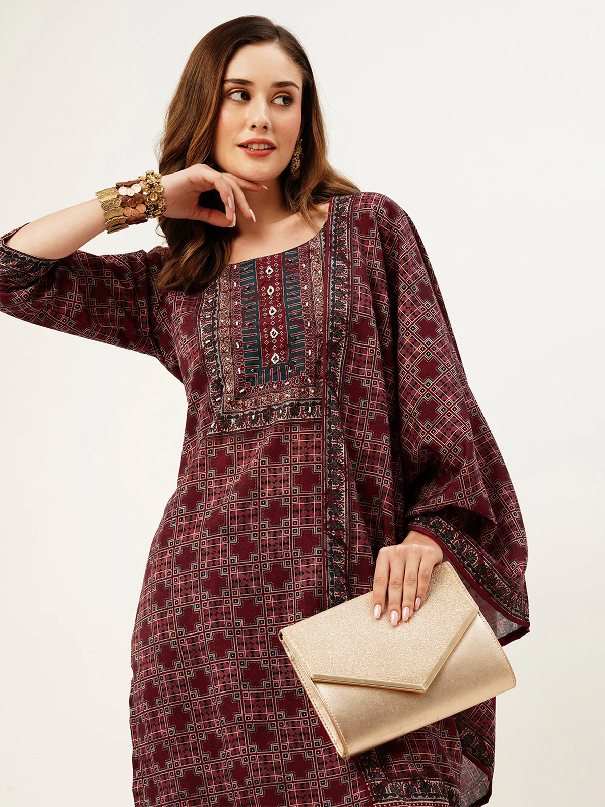Odette Women Maroon Printed Linen Stitched Kurta Set - Image 5
