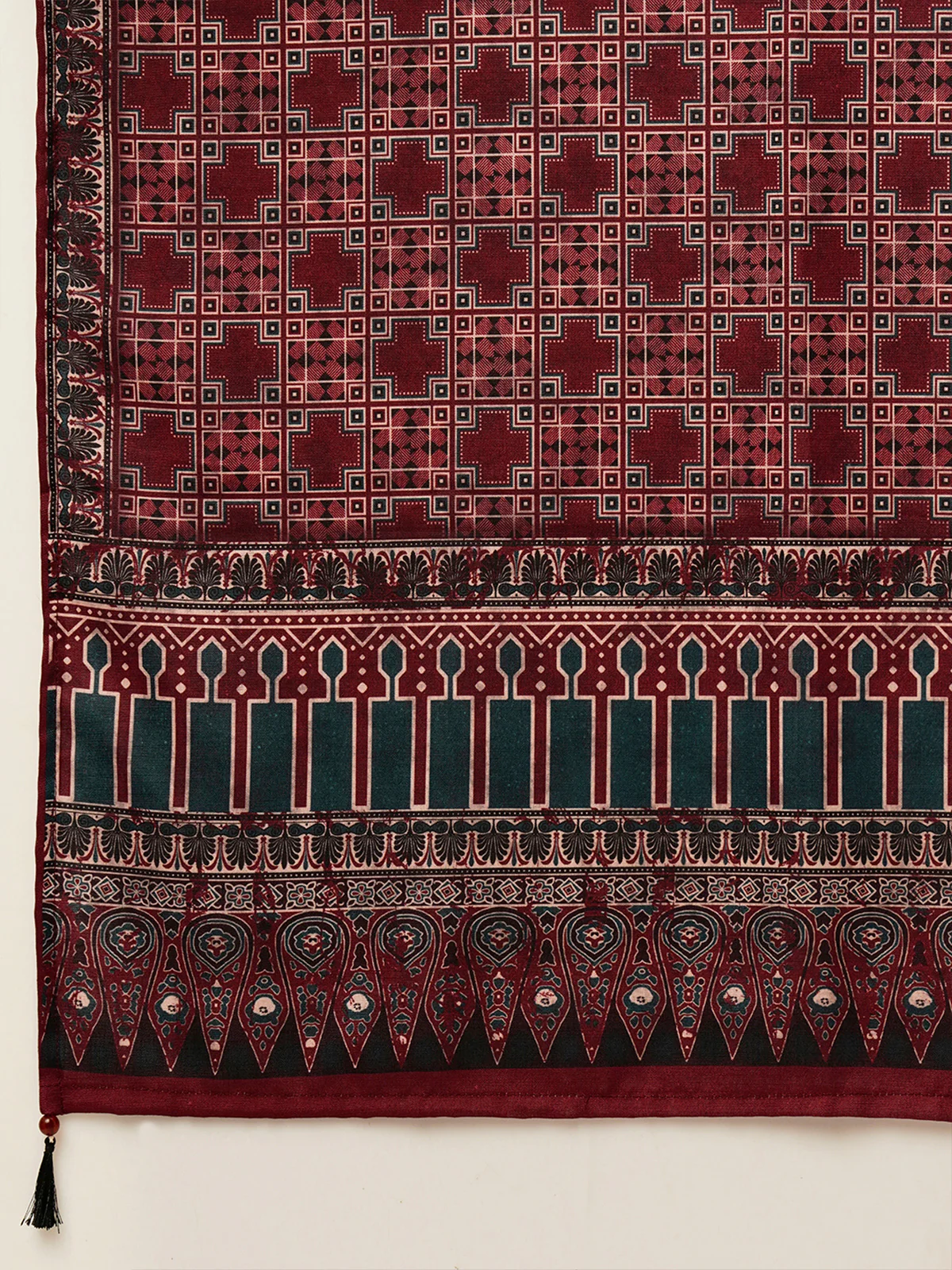 Odette Women Maroon Printed Linen Stitched Kurta Set - Image 6