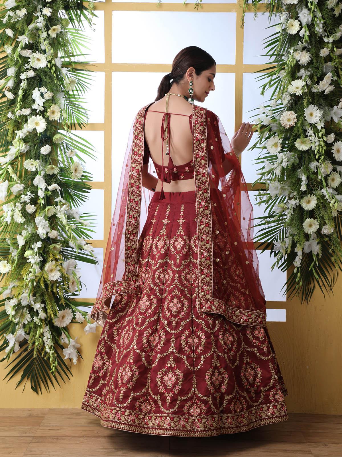 Odette Women Maroon Sequins Art Sillk Semi Stitched Lehenga With  Unstitched Blouse - Image 2