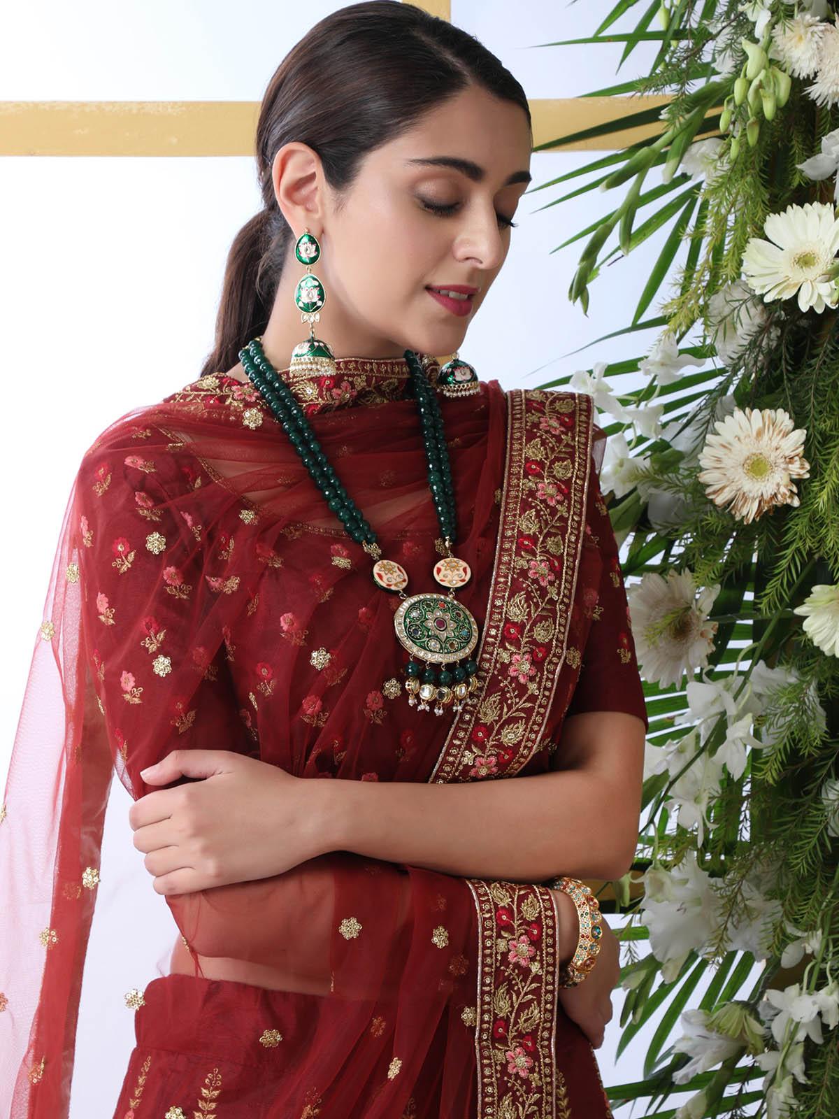 Odette Women Maroon Sequins Art Sillk Semi Stitched Lehenga With  Unstitched Blouse - Image 4