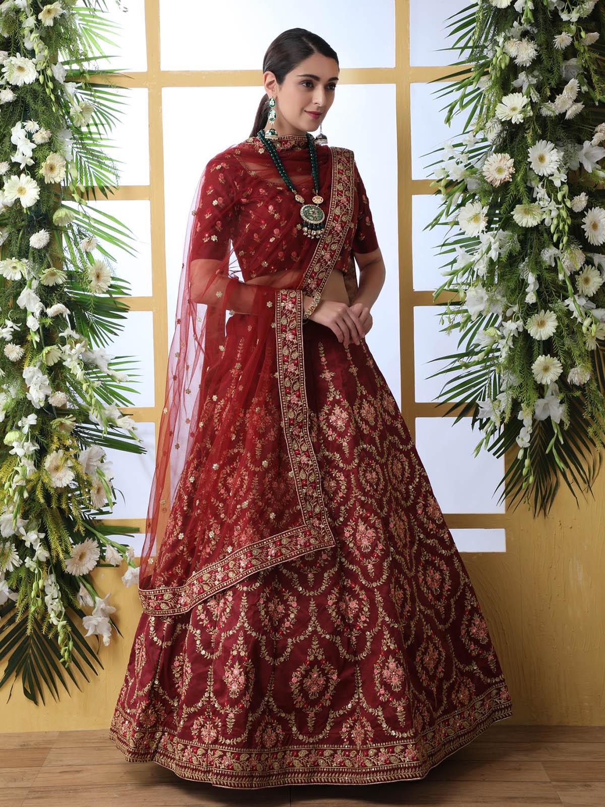 Odette Women Maroon Sequins Art Sillk Semi Stitched Lehenga With  Unstitched Blouse - Image 5