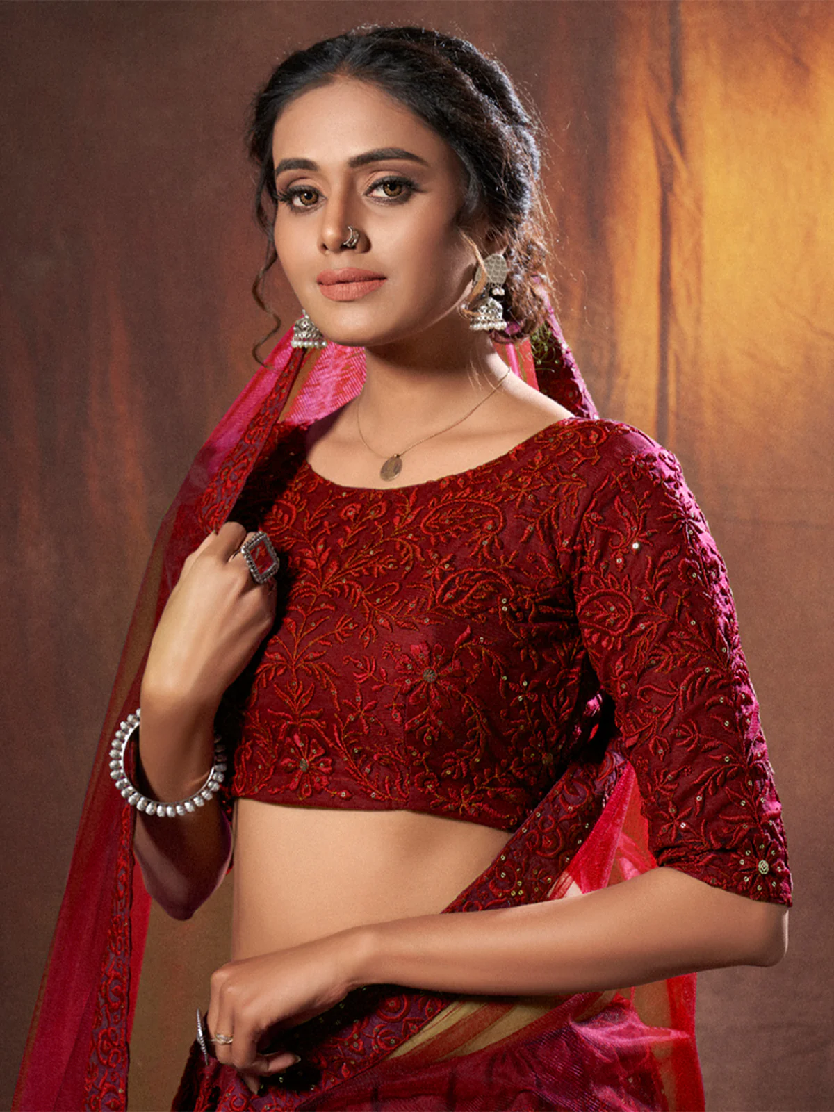 Odette Women Maroon Sequins, Thread Semi Stitched Lehenga With Unstitched Blouse - Image 2