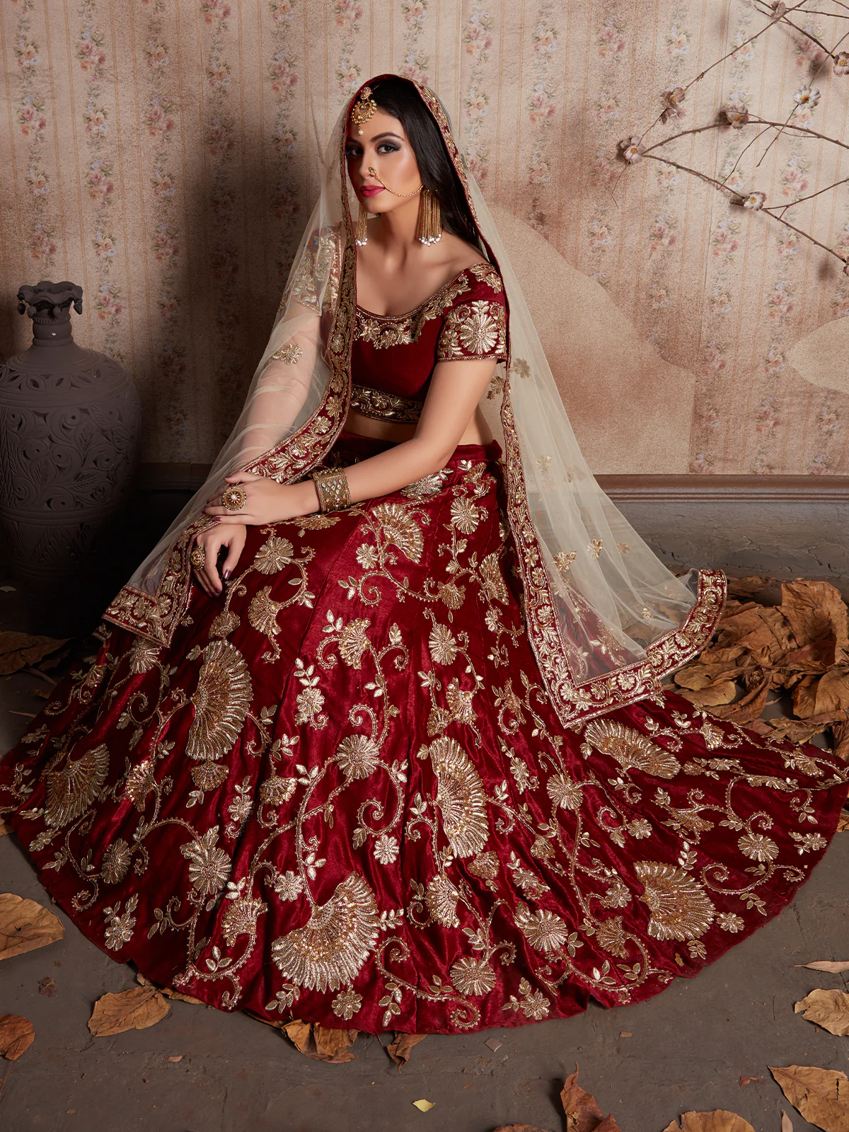 Odette Women Maroon Embroidered Semi Stitched Lehenga With Unstitched Blouse - Image 2