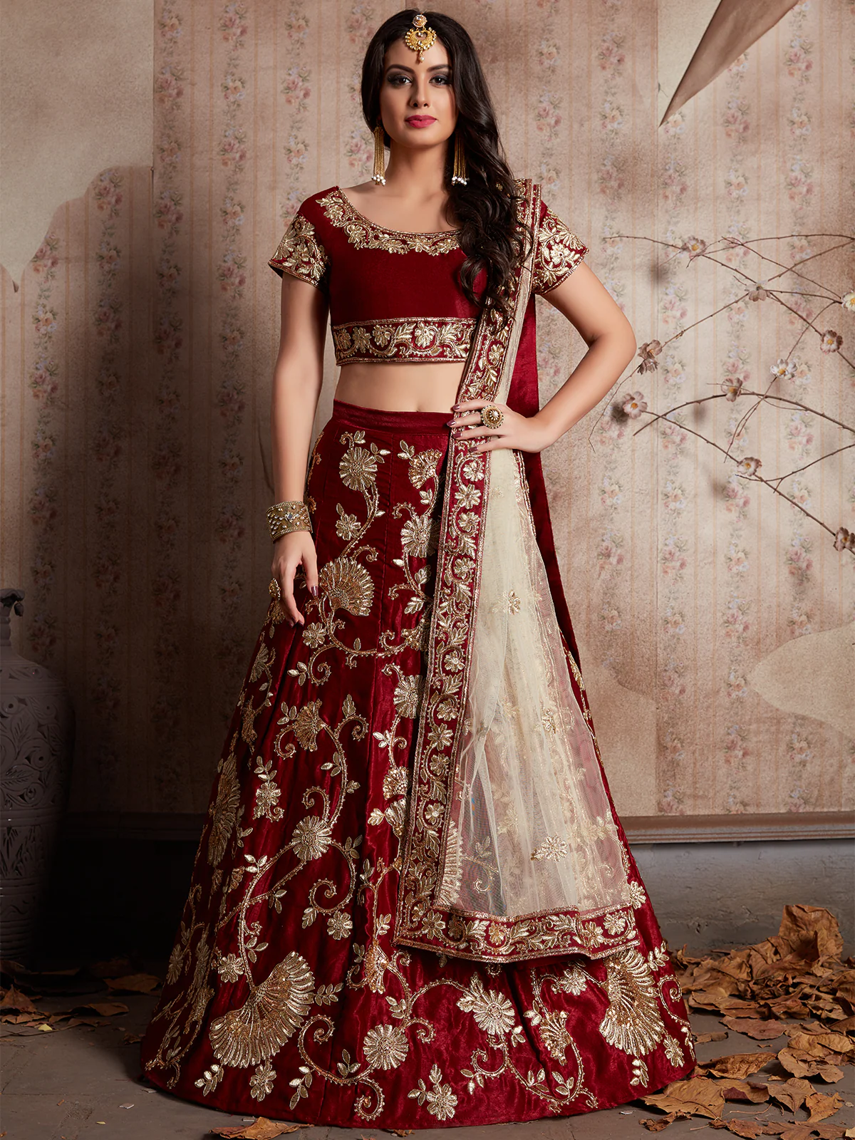 Odette Women Maroon Embroidered Semi Stitched Lehenga With Unstitched Blouse - Image 3
