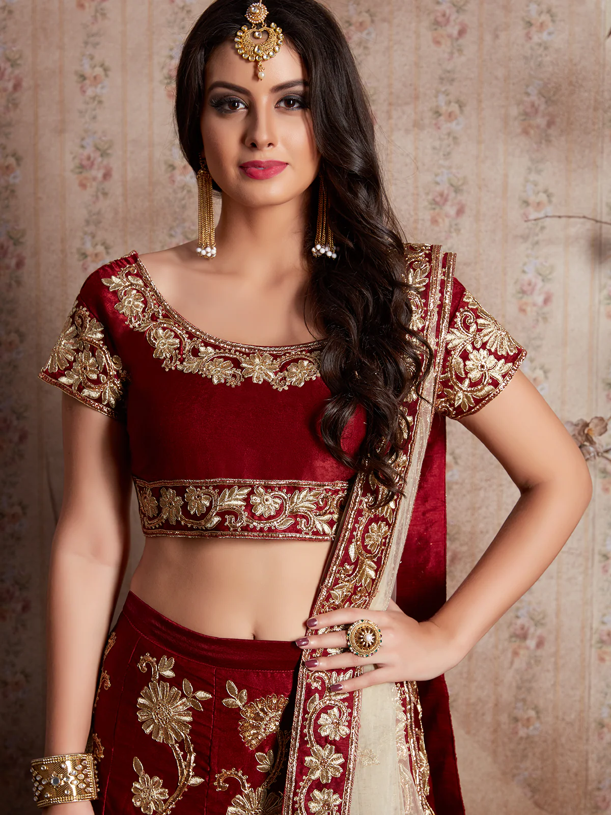Odette Women Maroon Embroidered Semi Stitched Lehenga With Unstitched Blouse - Image 4