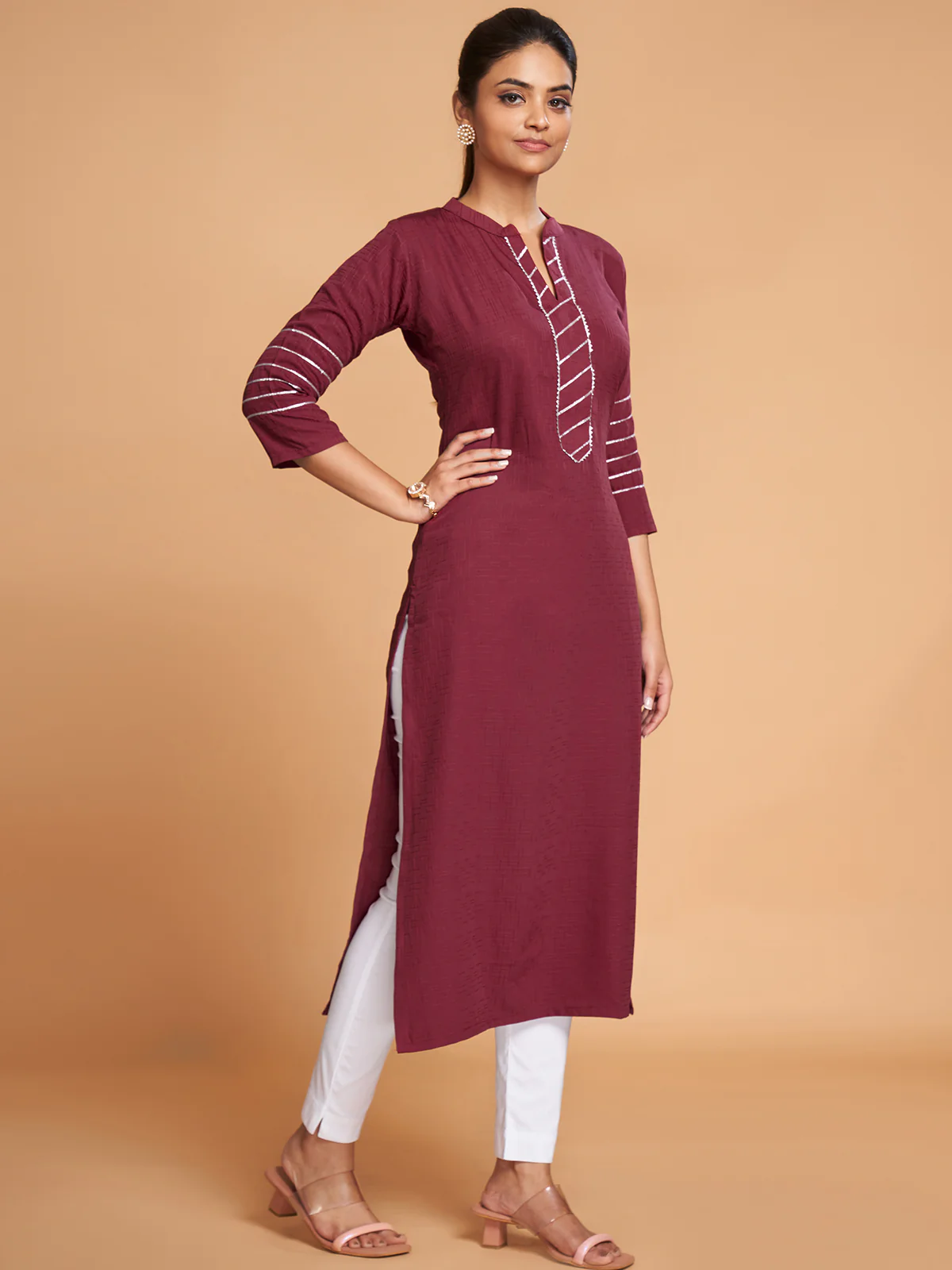 Odette Women Maroon Silk Blend Straight Cut Stitched Kurta - Image 2