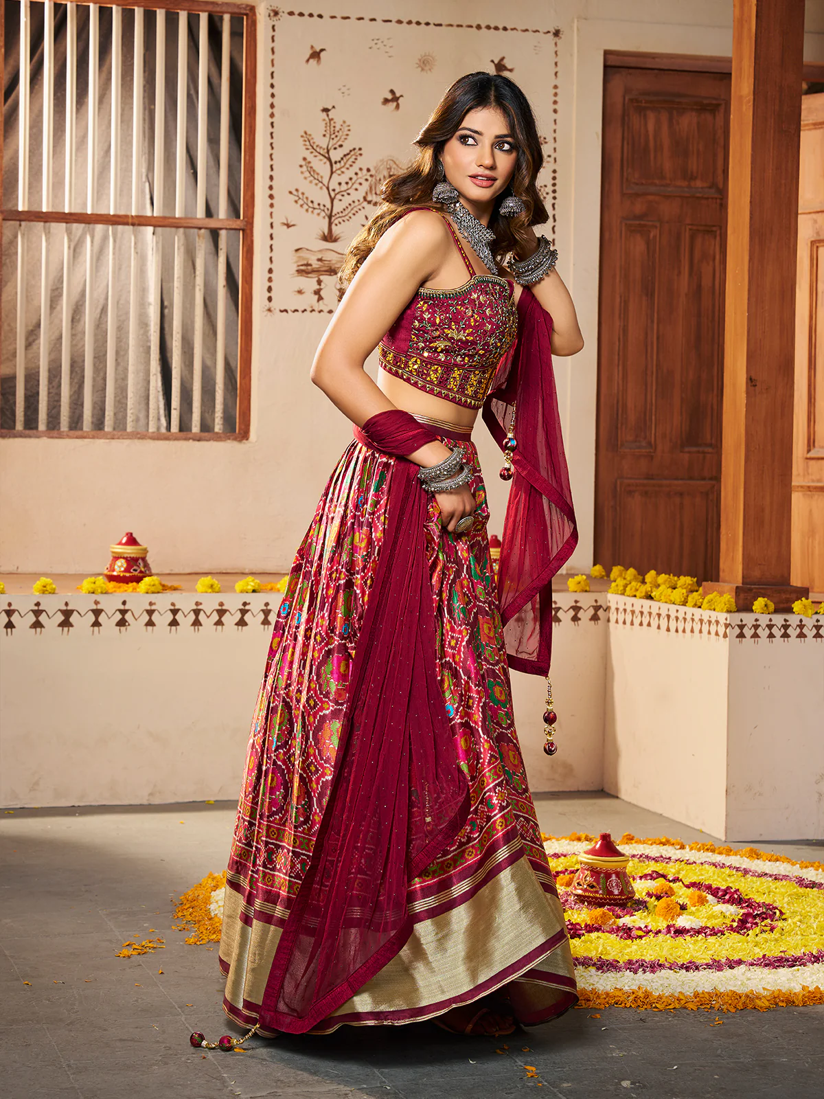Odette Women Maroon Silk Printed Semi Stitched Lehenga With Unstitched Blouse - Image 3