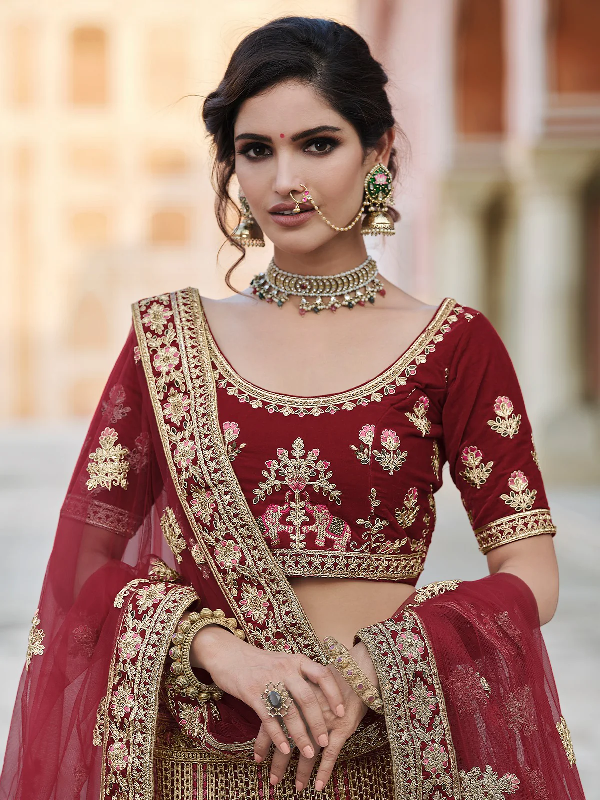 Odette Women Maroon Soft Net Hand Work And Embroidery Semi Stitched Lehenga With Unstitched Blouse - Image 2