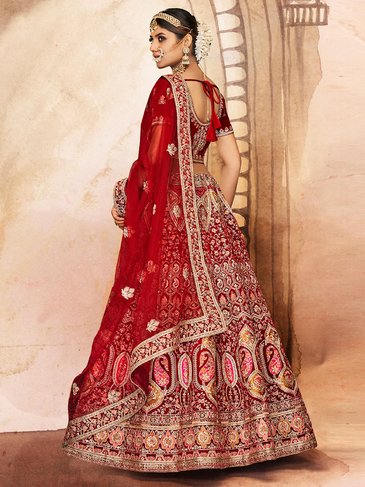 Odette Women Maroon Embroidered Velvet Semi Stitched Lehenga With Unstitched Blouse - Image 4