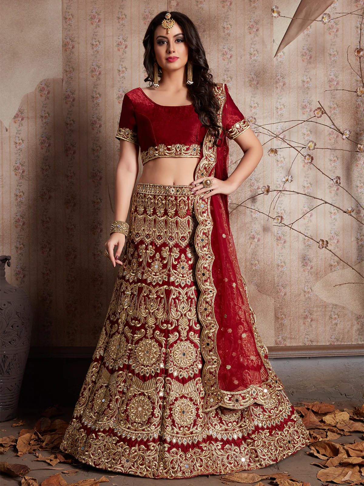Odette Women Maroon Embroidered Semi Stitched Lehenga With Unstitched Blouse - Image 2