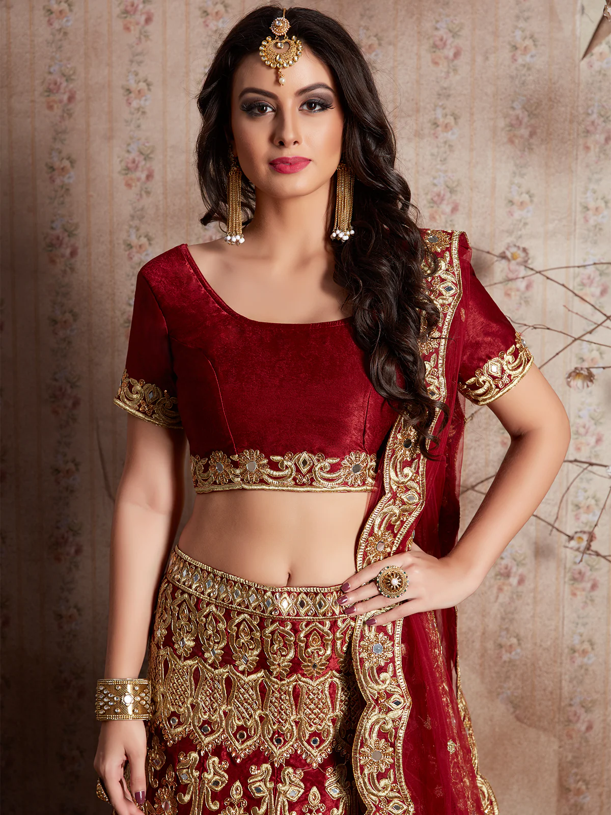 Odette Women Maroon Embroidered Semi Stitched Lehenga With Unstitched Blouse - Image 3