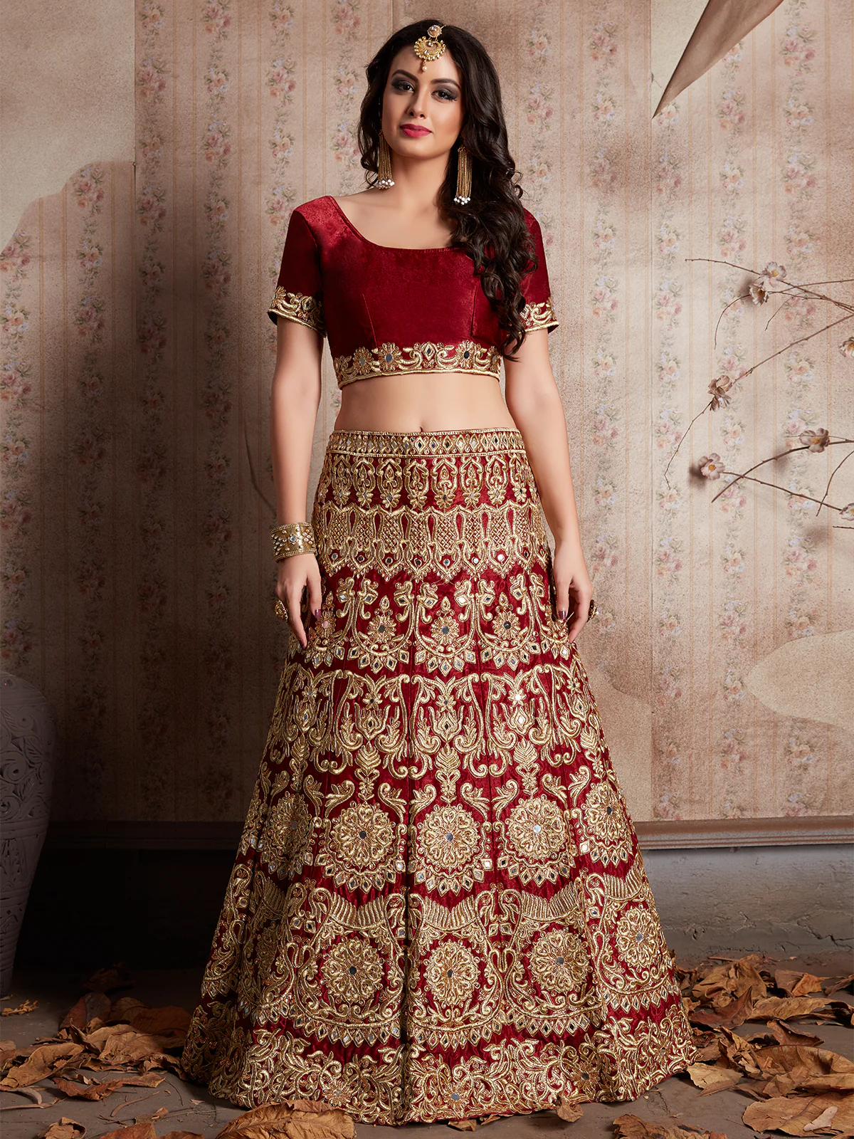 Odette Women Maroon Embroidered Semi Stitched Lehenga With Unstitched Blouse - Image 4
