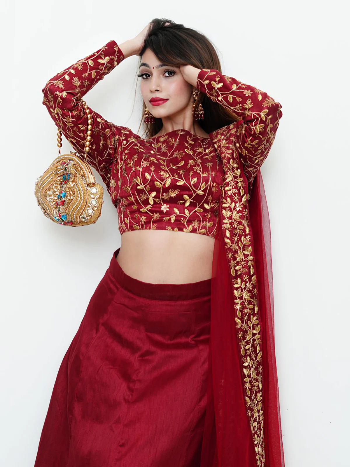 Odette Women Maroon Embroidered Art Silk Semi Stitched Lehenga With Unstitched Blouse - Image 5