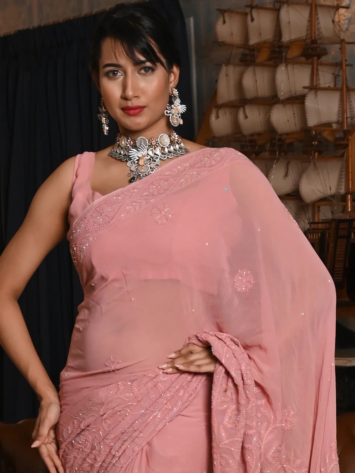 Odette Women Pink Georgette Chikankari Beads Embroidered Saree With Unstitched Blouse - Image 4