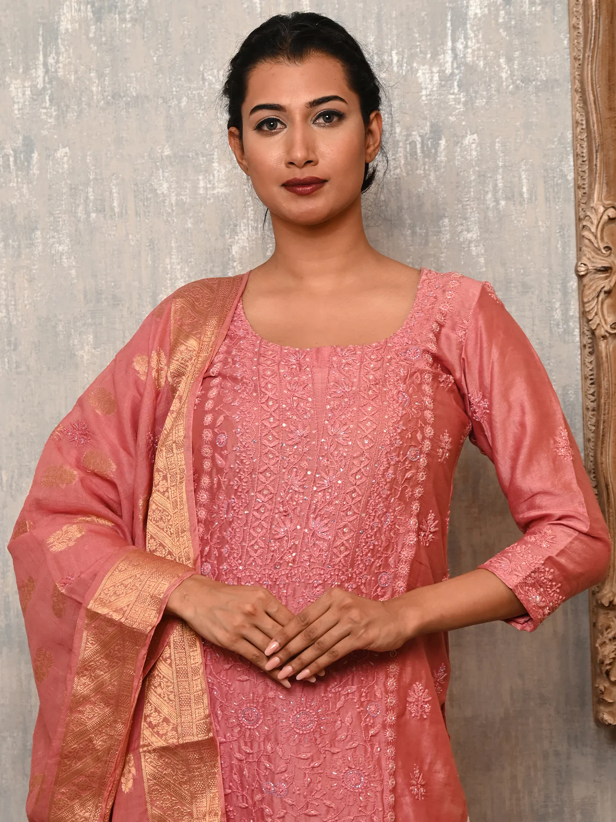 Odette Women Pink Polyester Viscose Chikankari Beads Embroidered Unstitched Kurta Set - Image 2