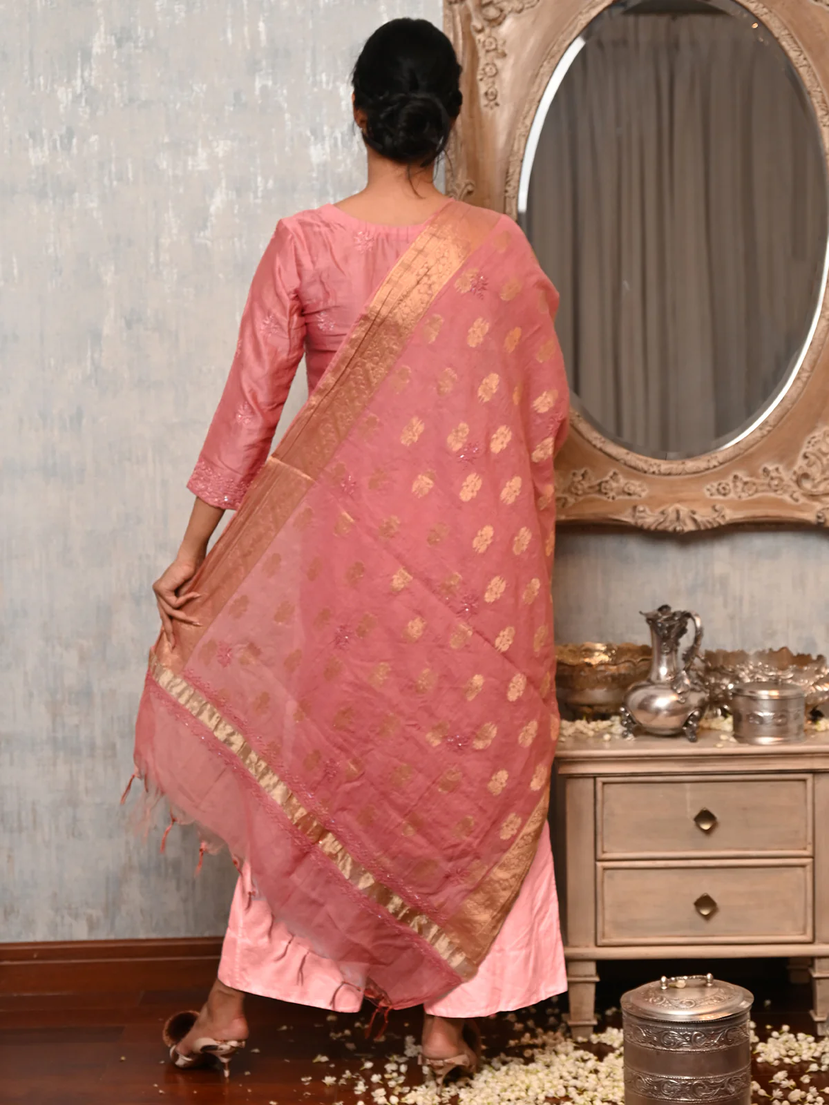 Odette Women Pink Polyester Viscose Chikankari Beads Embroidered Unstitched Kurta Set - Image 3