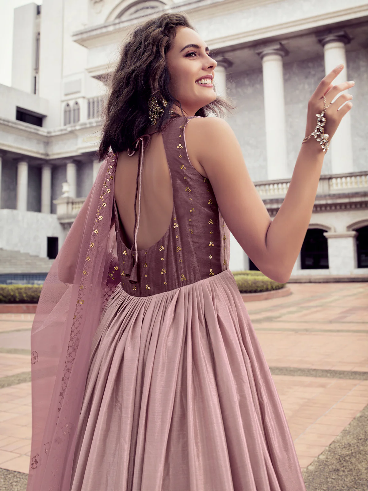 Odette Women Mauve Shaded Semi Stitched Gown With Dupatta - Image 4
