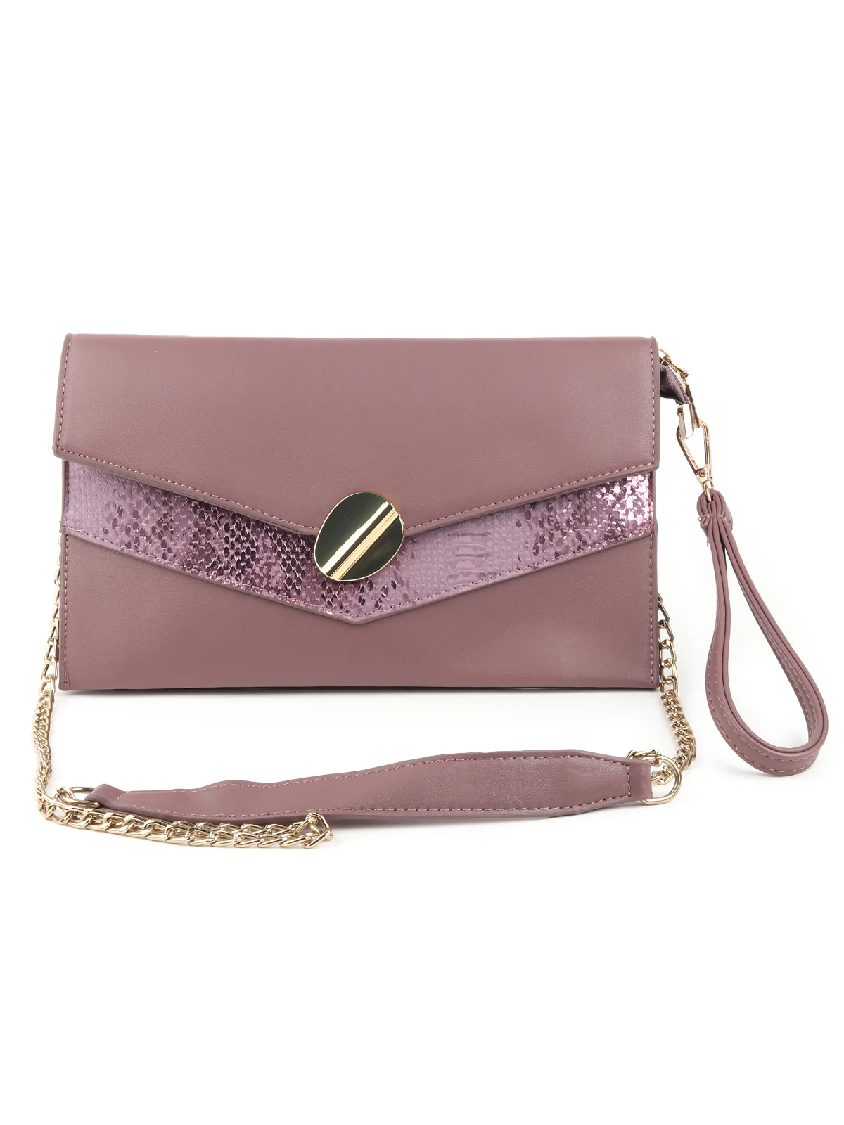 Odette Mauve Snake Textured Solid Sling Bag/Clutch For Women - Image 3