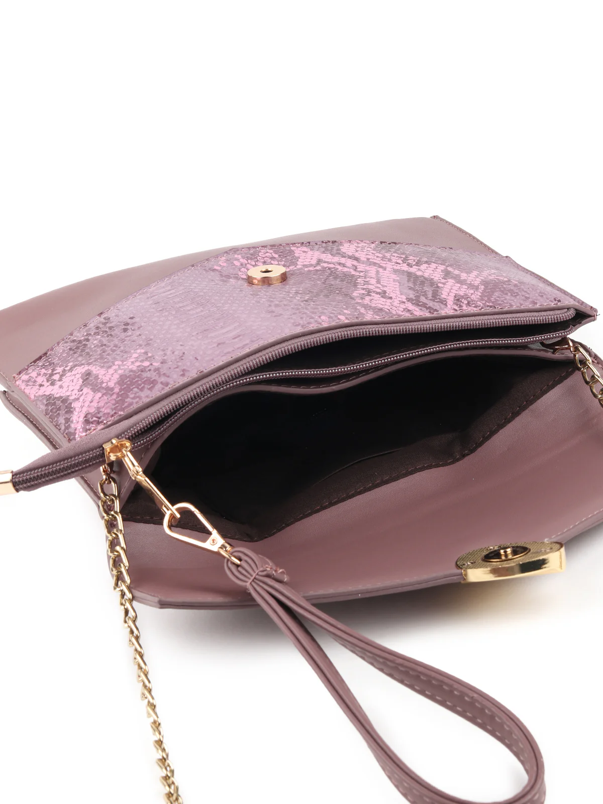Odette Mauve Snake Textured Solid Sling Bag/Clutch For Women - Image 6