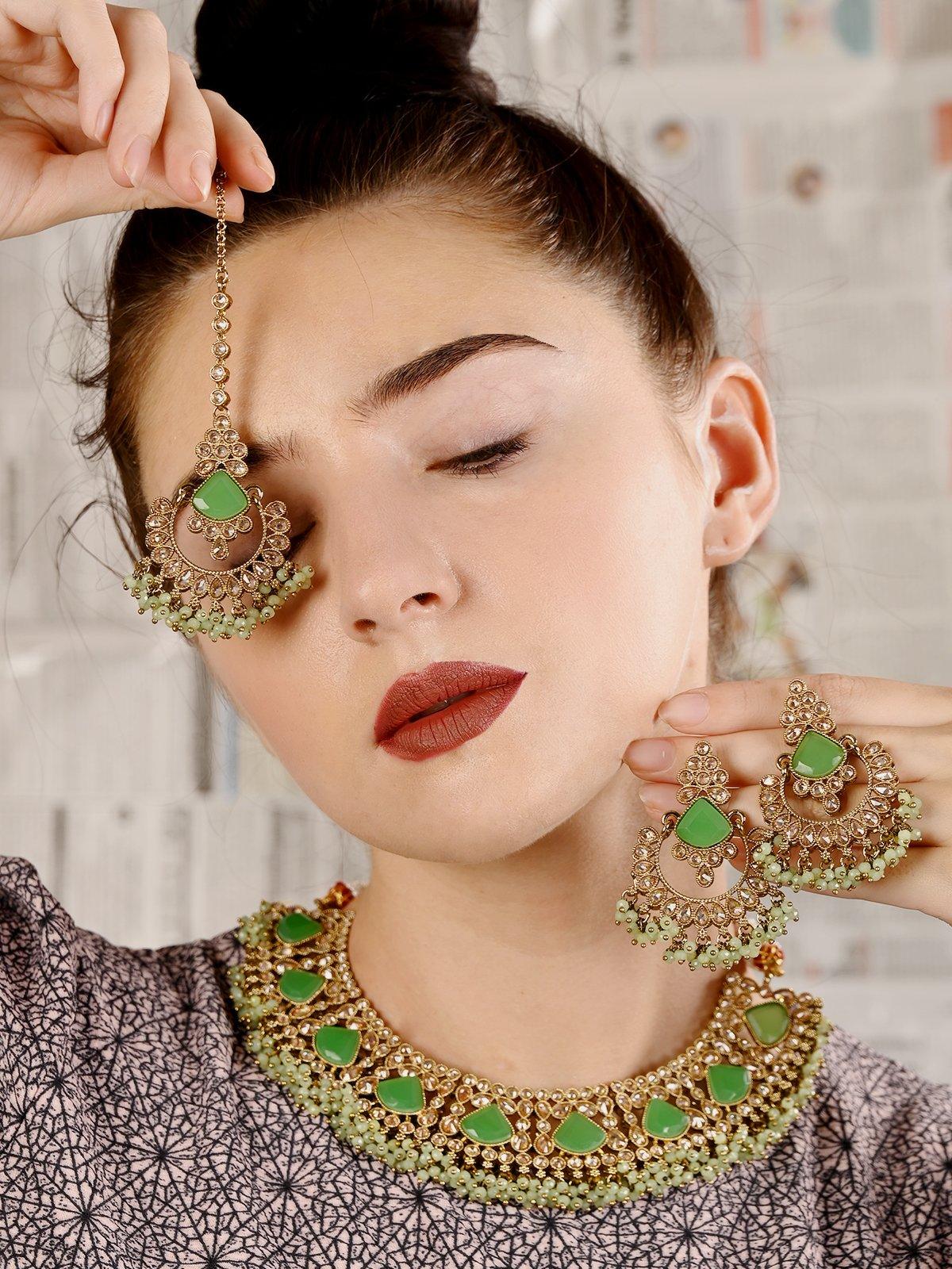 Odette Women Mint Green Engraved Stone Kundan Choker Set