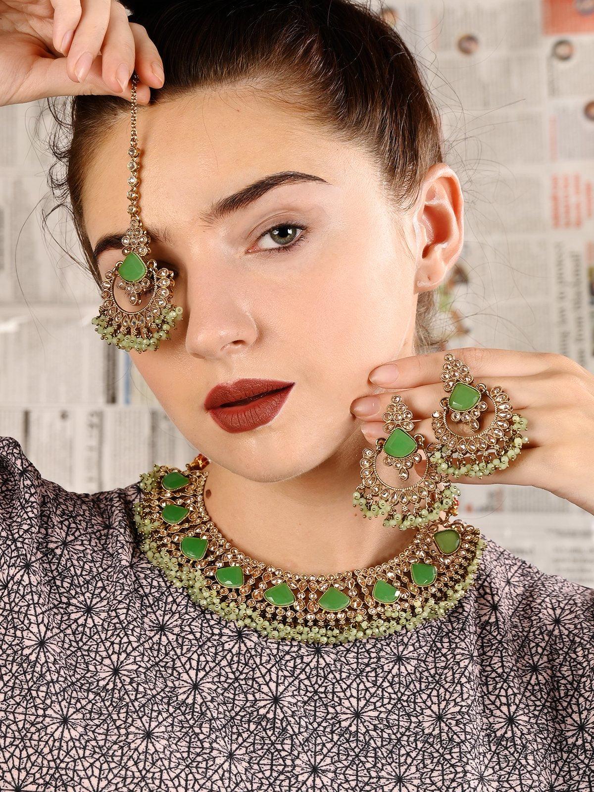 Odette Women Mint Green Engraved Stone Kundan Choker Set - Image 2