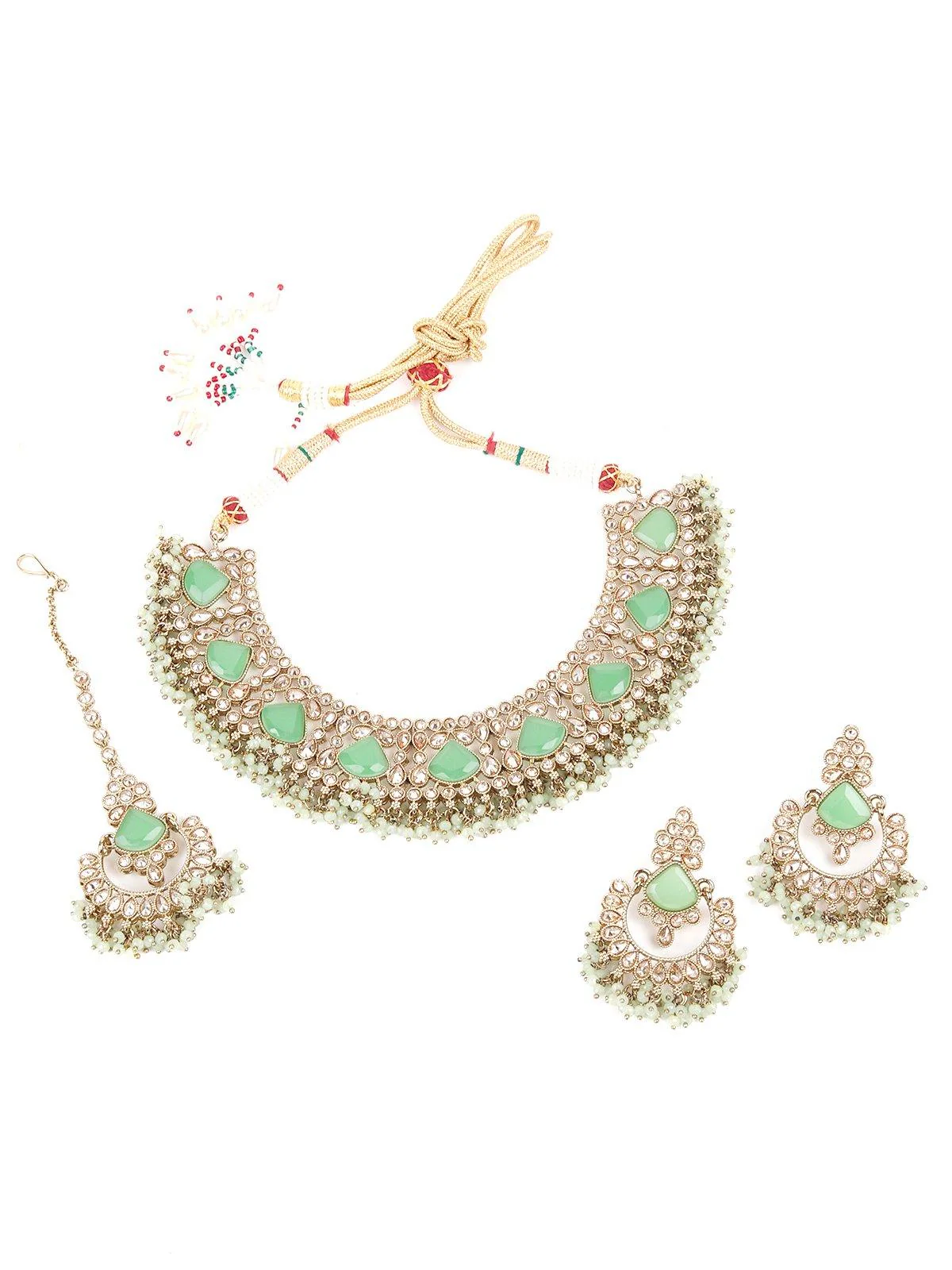 Odette Women Mint Green Engraved Stone Kundan Choker Set - Image 3