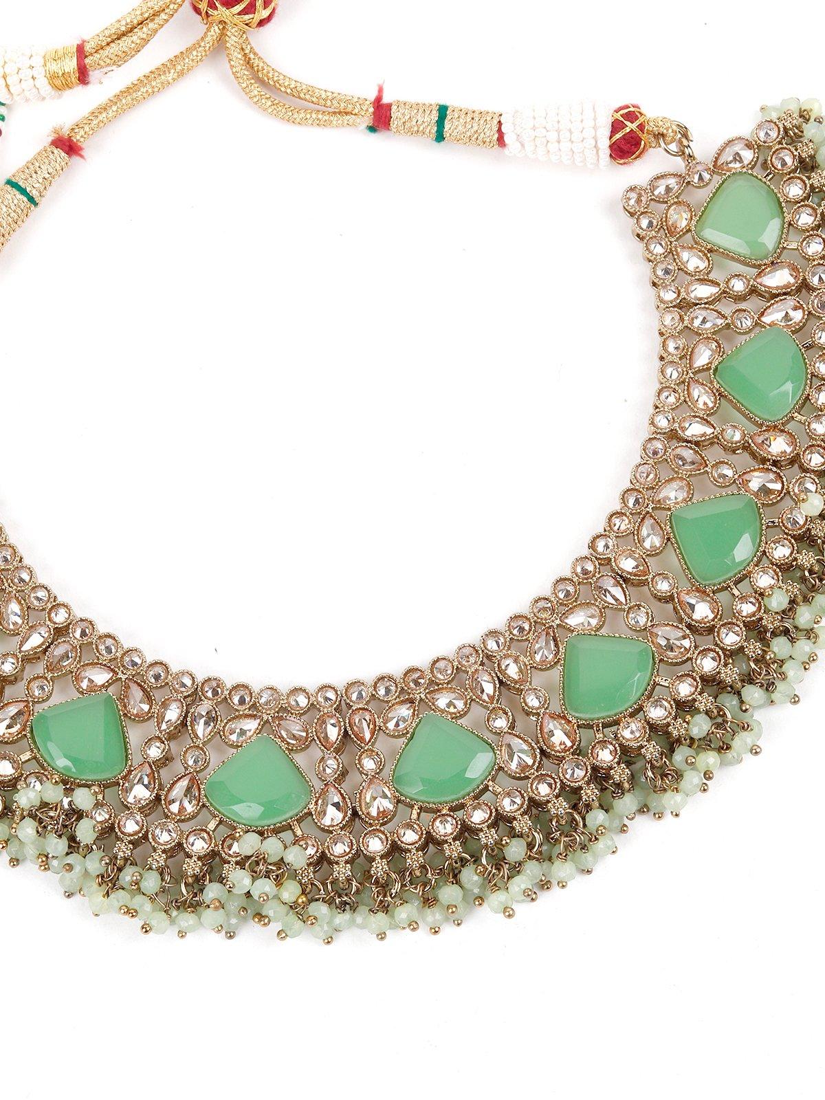 Odette Women Mint Green Engraved Stone Kundan Choker Set - Image 7