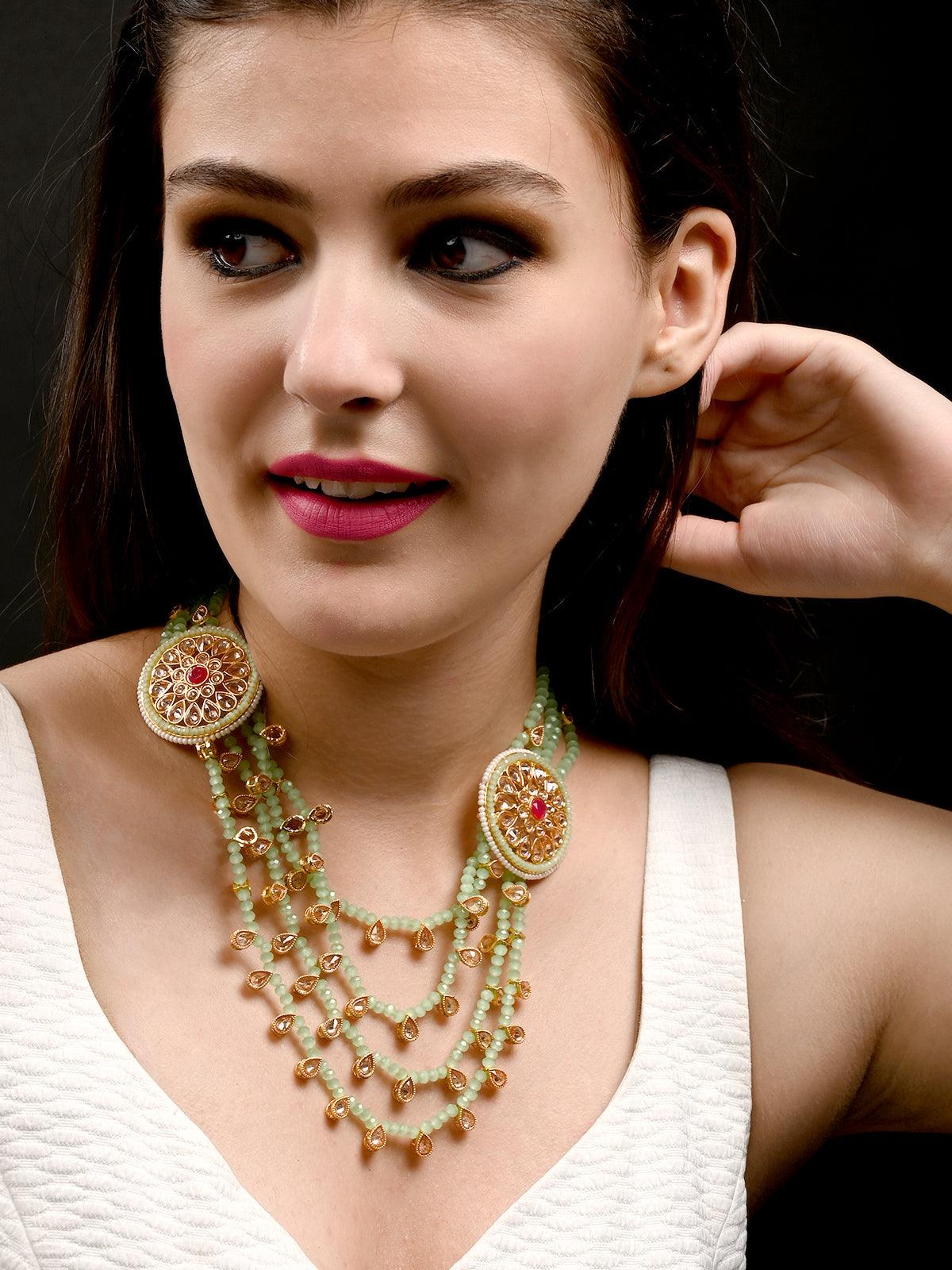 Odette Women Mint Green Kundan Necklace Set