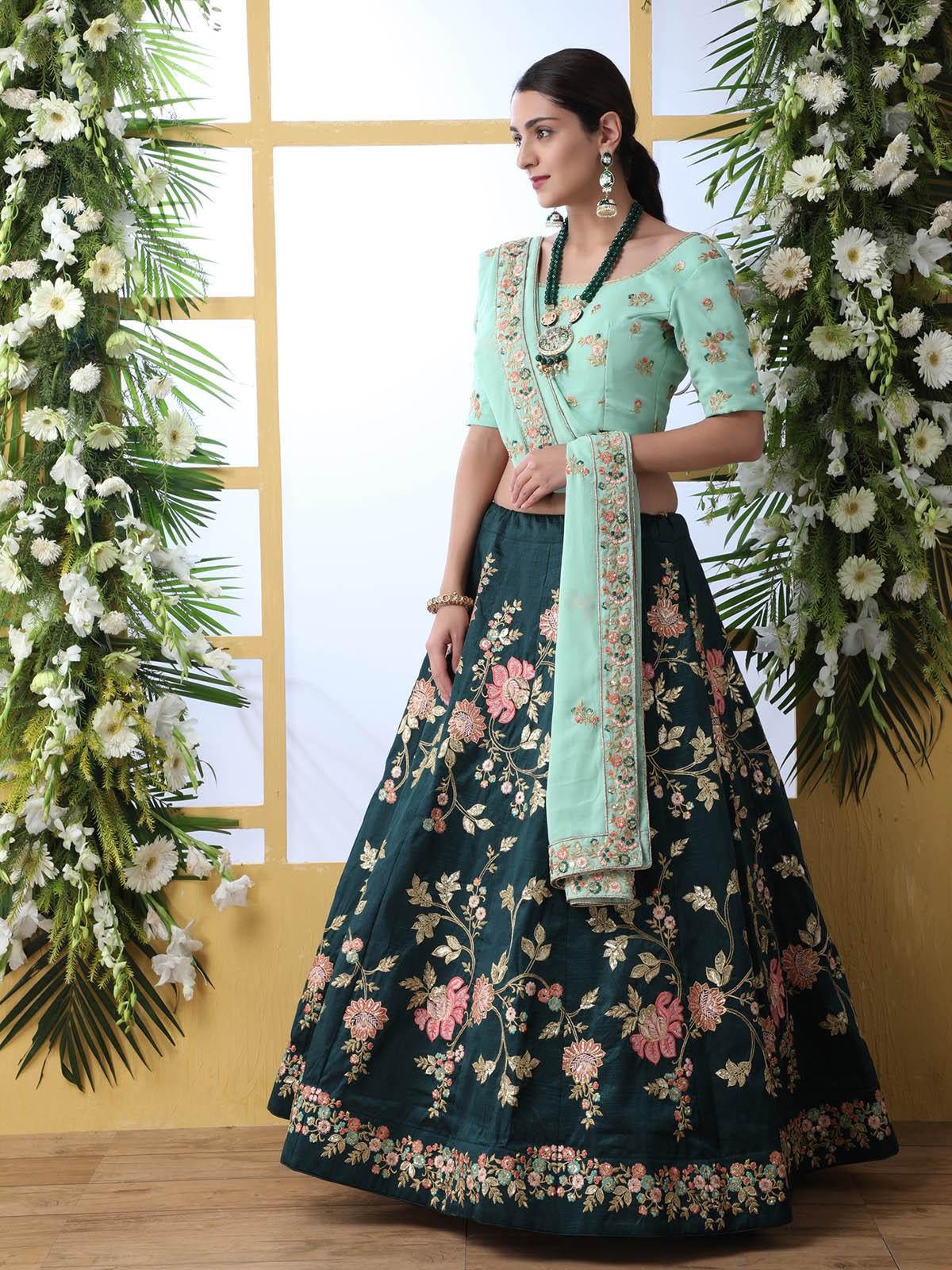 Odette Women Dark Green Sequins Georgette Semi Stitched Lehenga With  Unstitched Blouse - Image 4