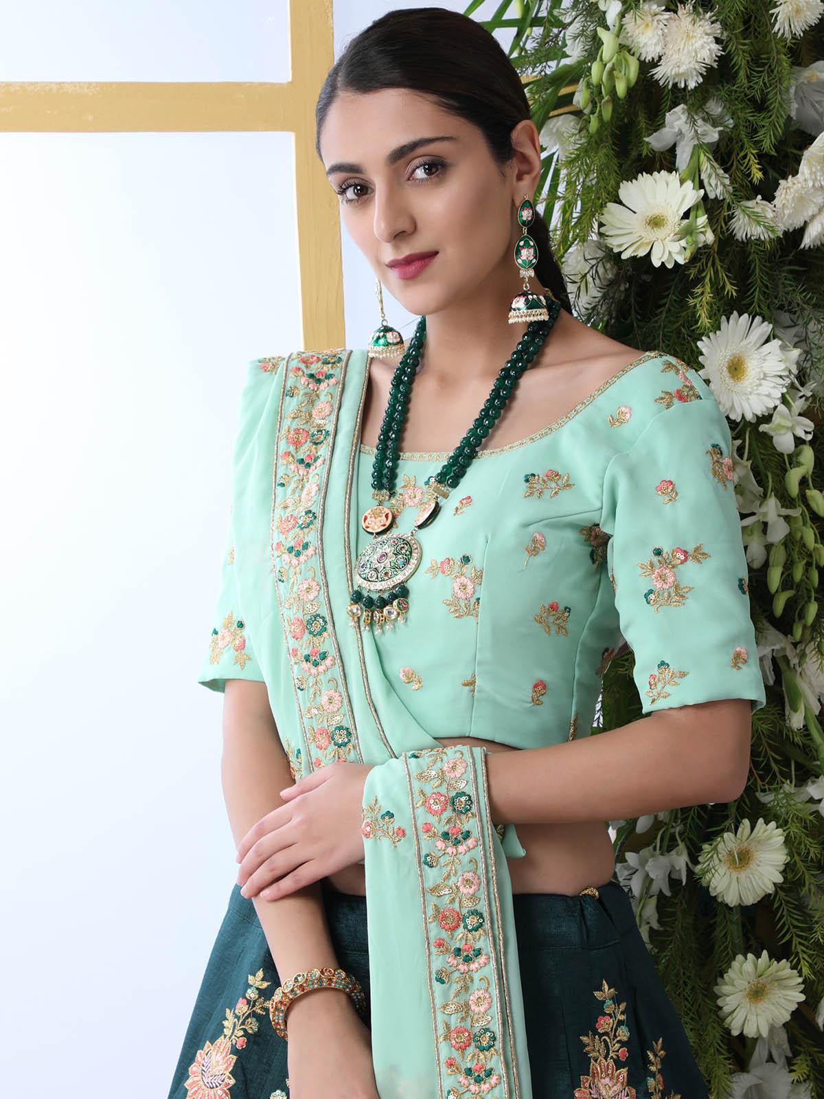 Odette Women Dark Green Sequins Georgette Semi Stitched Lehenga With  Unstitched Blouse - Image 5