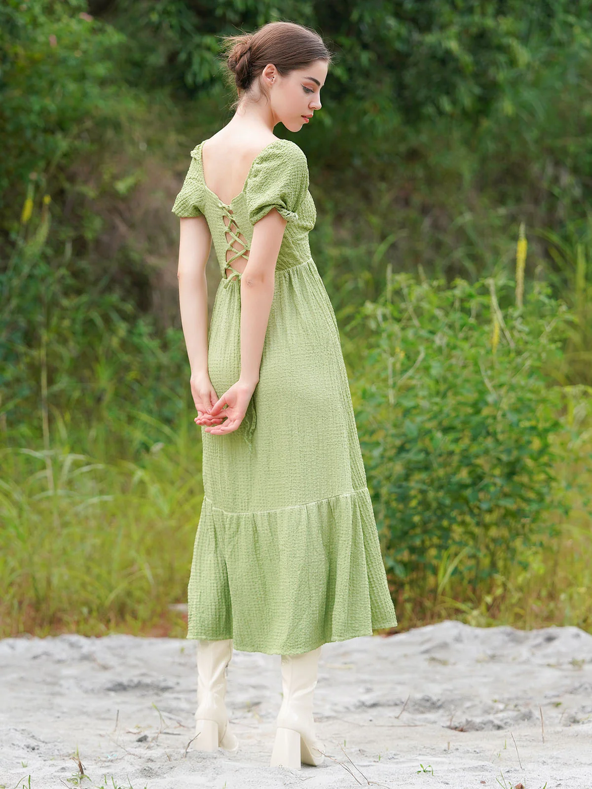 Odette Women Mint Green Textured Seer Sucker Stitched Dress - Image 3