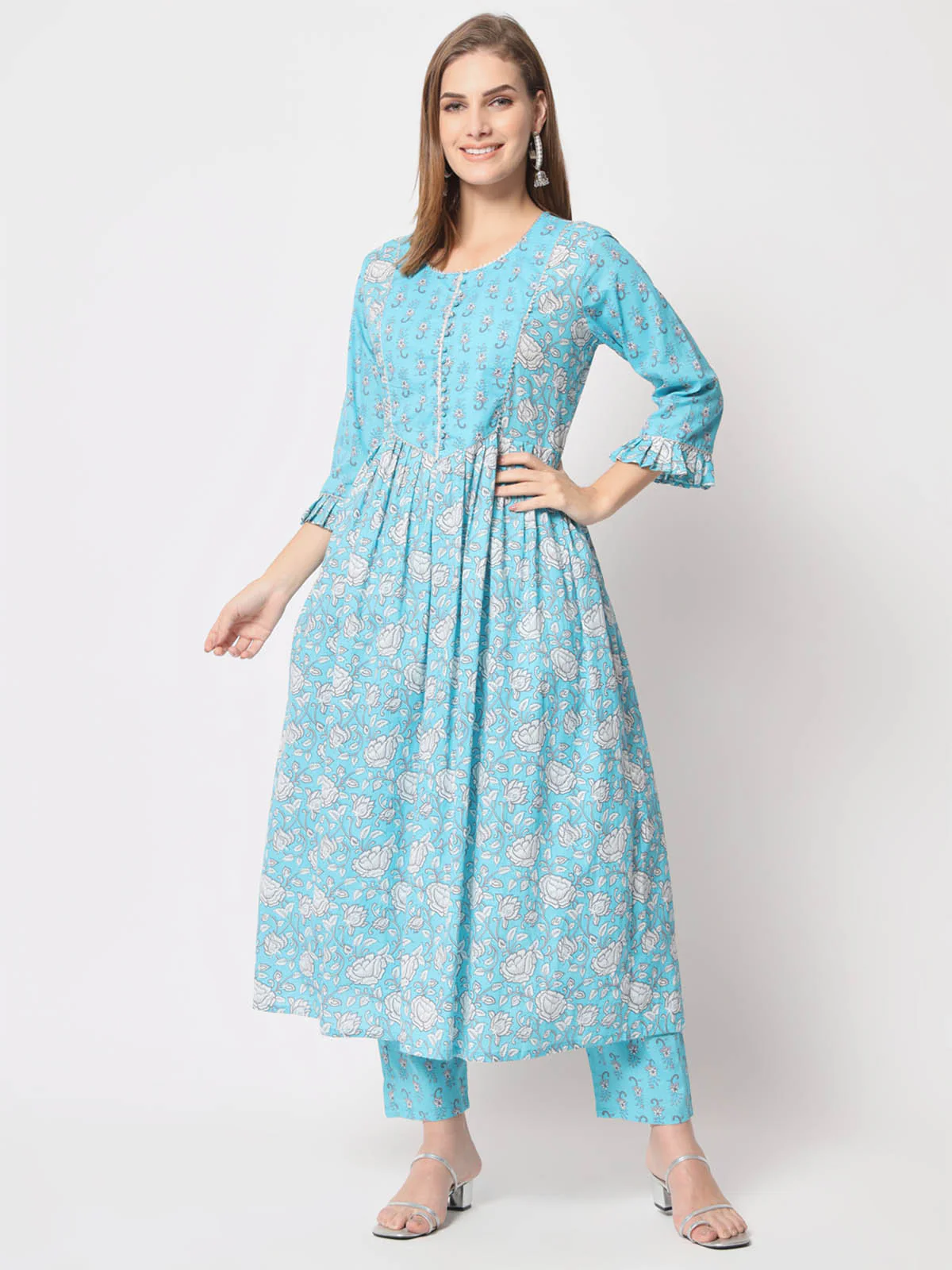 Odette Women Modern Light Blue Cotton Printed Stitched Kurta Set - Image 2