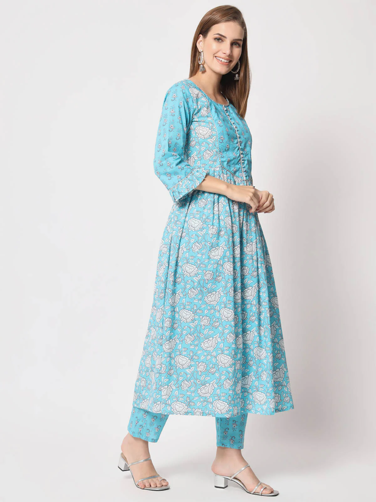 Odette Women Modern Light Blue Cotton Printed Stitched Kurta Set - Image 4