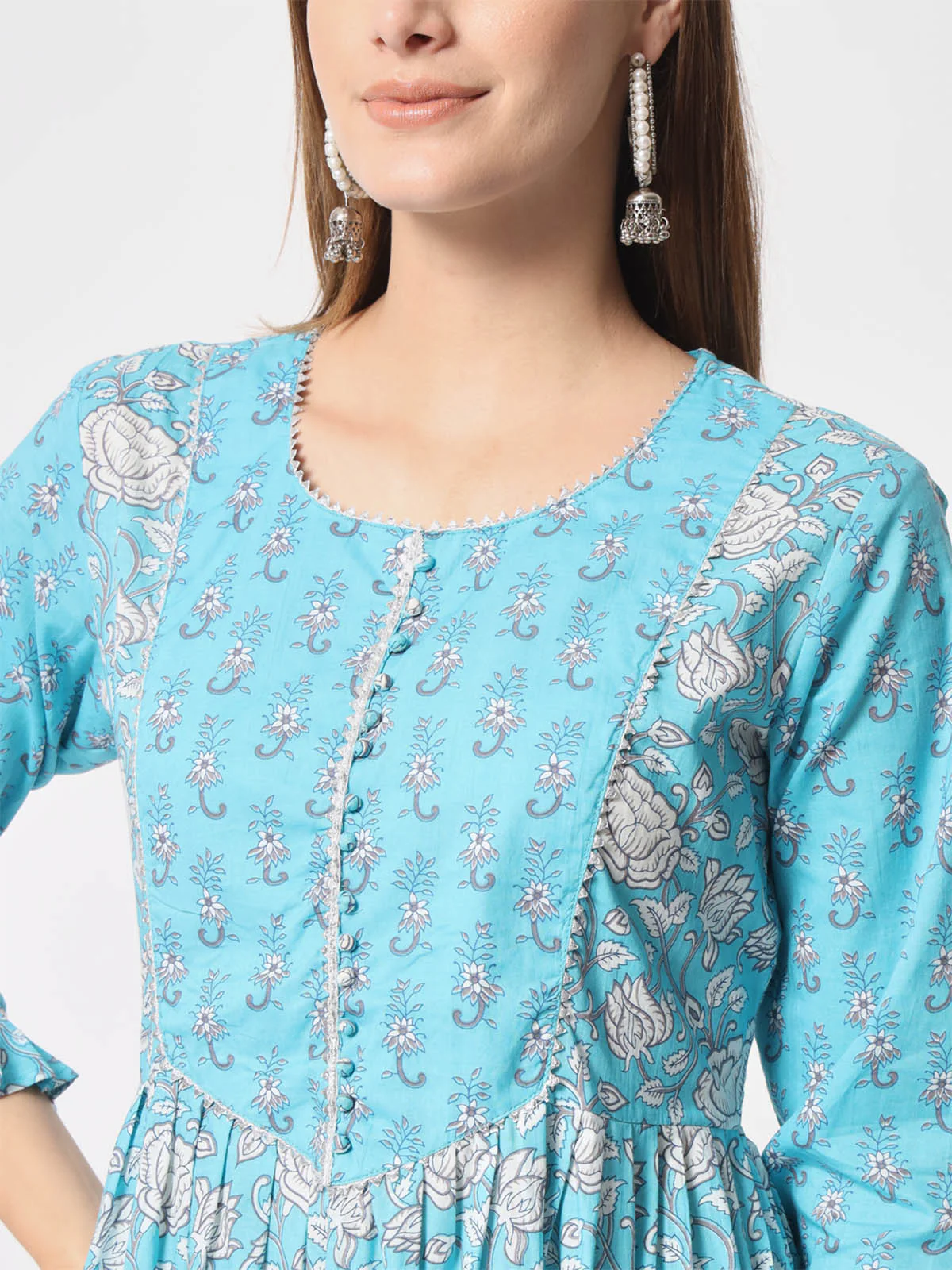 Odette Women Modern Light Blue Cotton Printed Stitched Kurta Set - Image 6