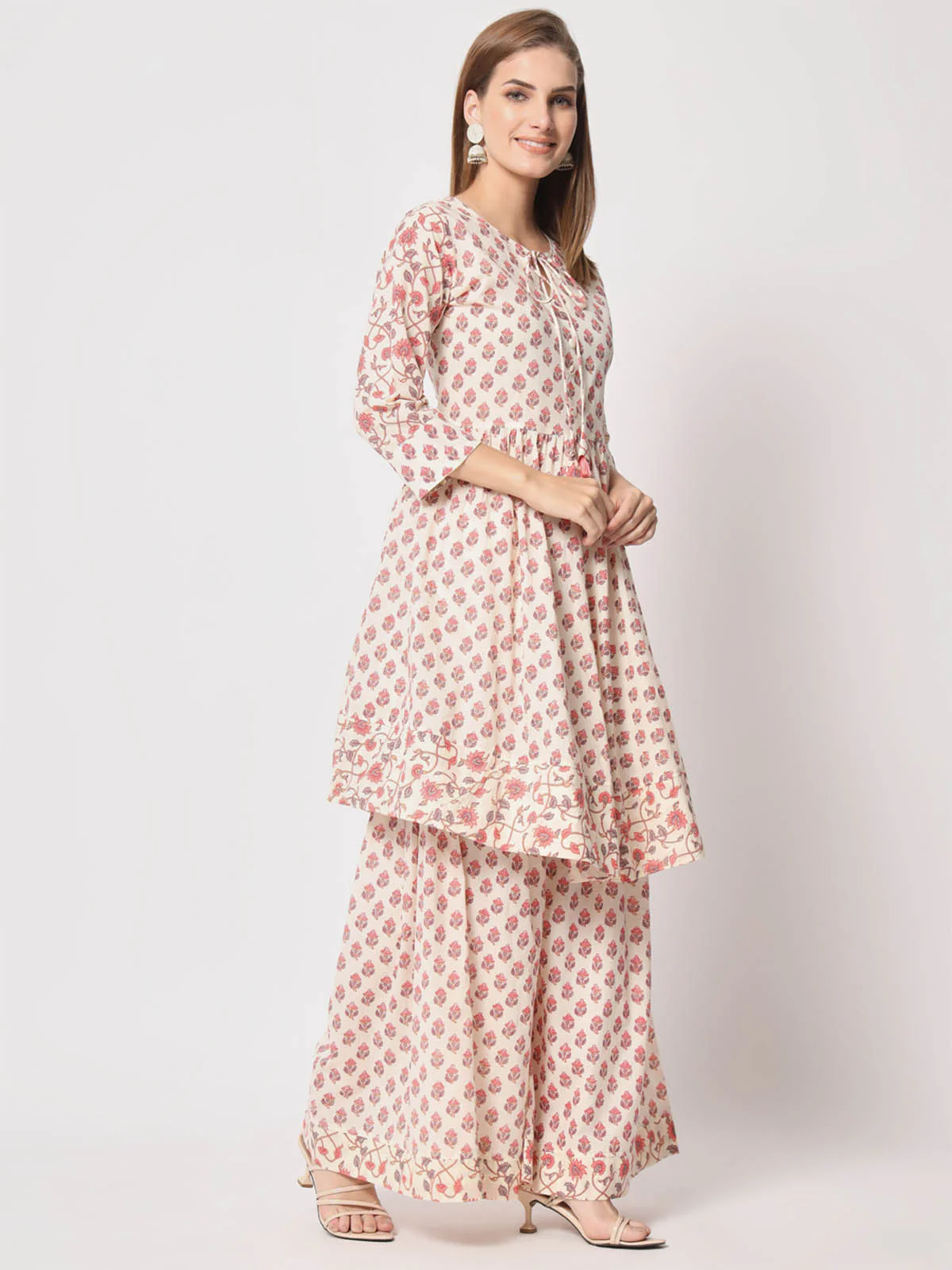 Odette Women Modern Pink Cotton Printed Stitched Kurta Set - Image 4