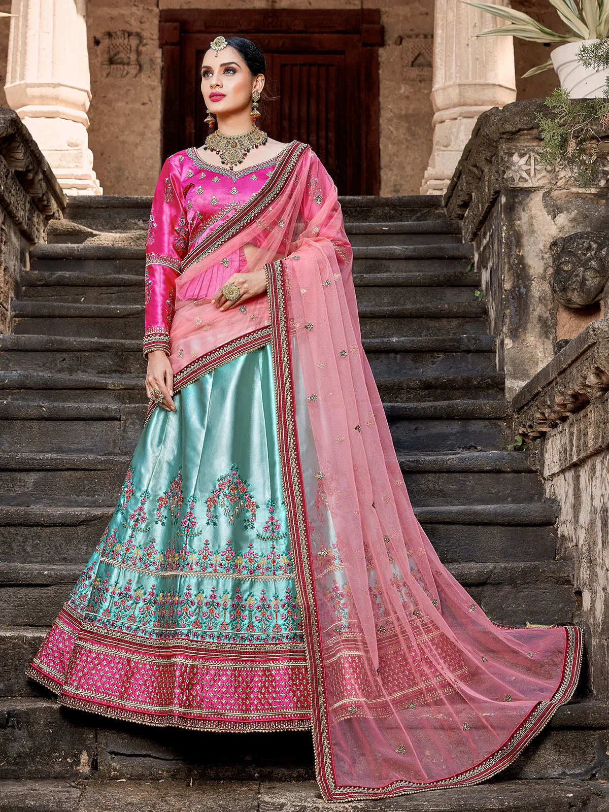 Odette Women Modern Semi Stitched Sea Green Lehenga Choli